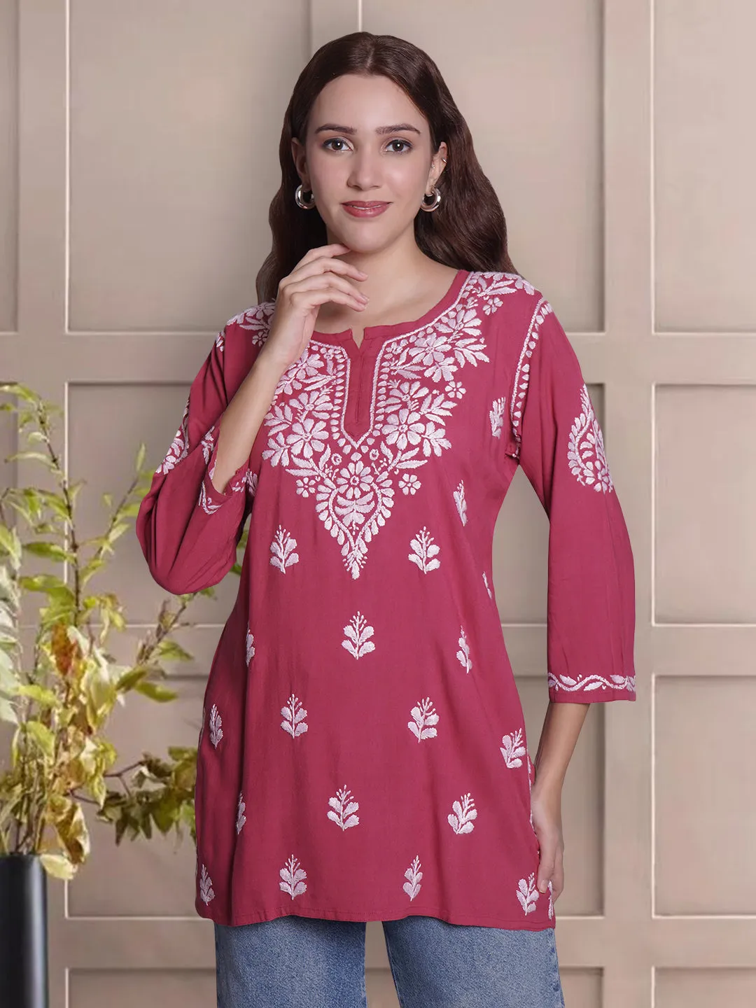 Dusty Red Rayon Embroidered Chikankari Short Tunic