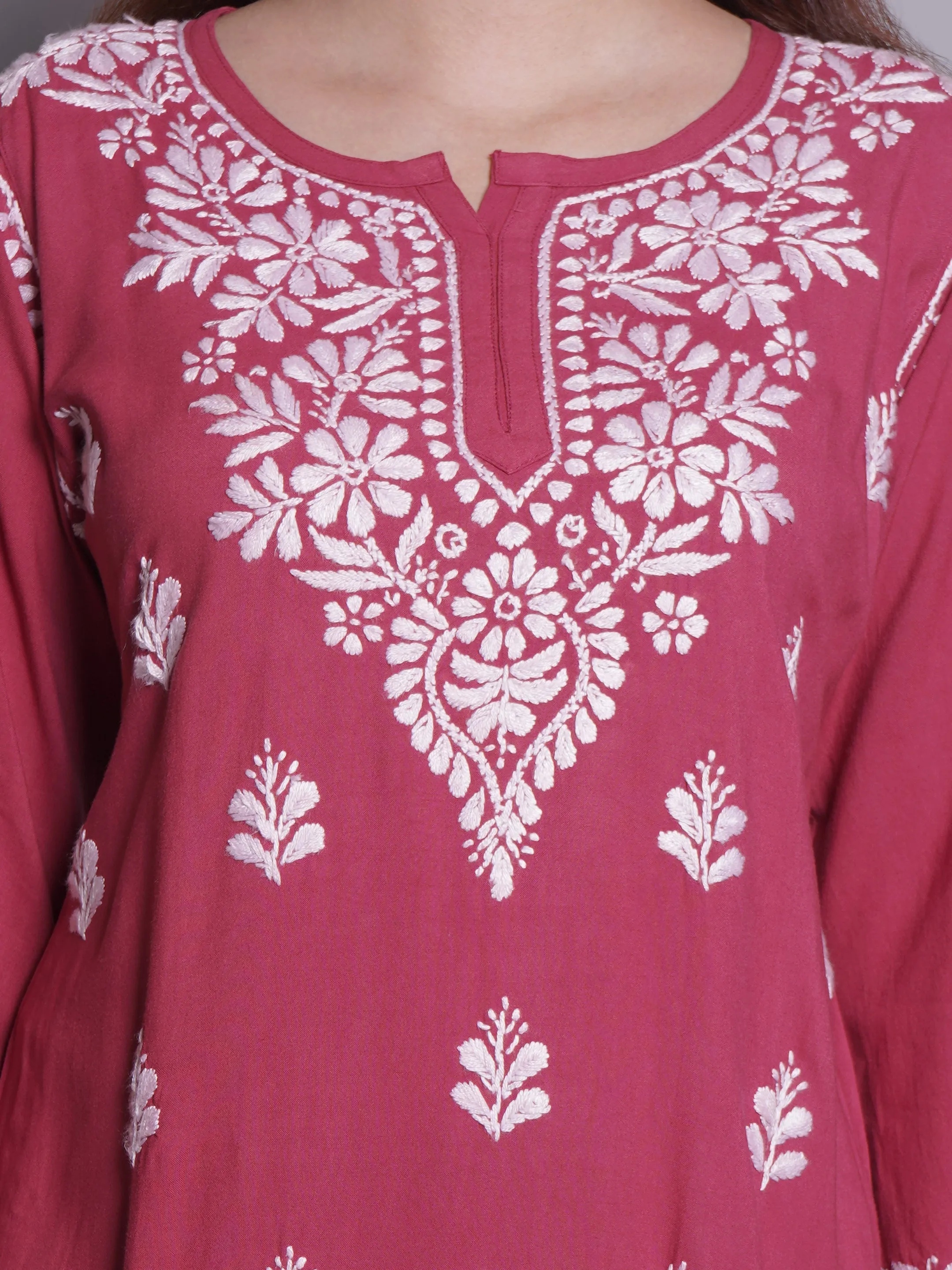 Dusty Red Rayon Embroidered Chikankari Short Tunic