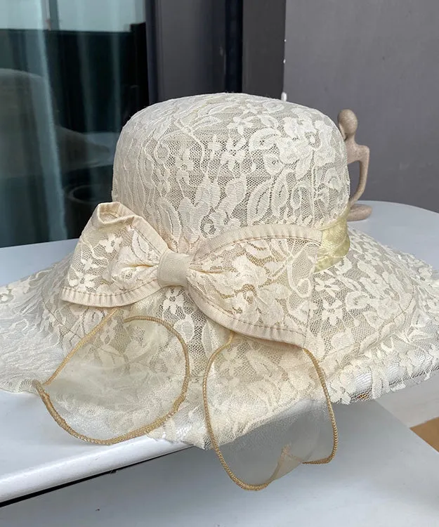 Elegant Beige Lace Patchwork Bow Hollow Out Floppy Sun Hat