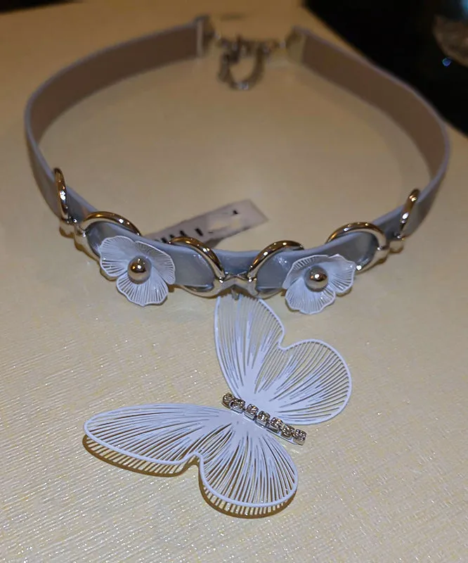 Elegant White Alloy Leather Patchwork Zircon Butterfly Choker PO059