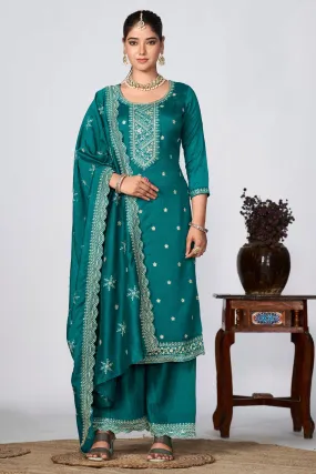 Engaging Cyan Color Fancy Fabric Festive Wear Palazzo Suit