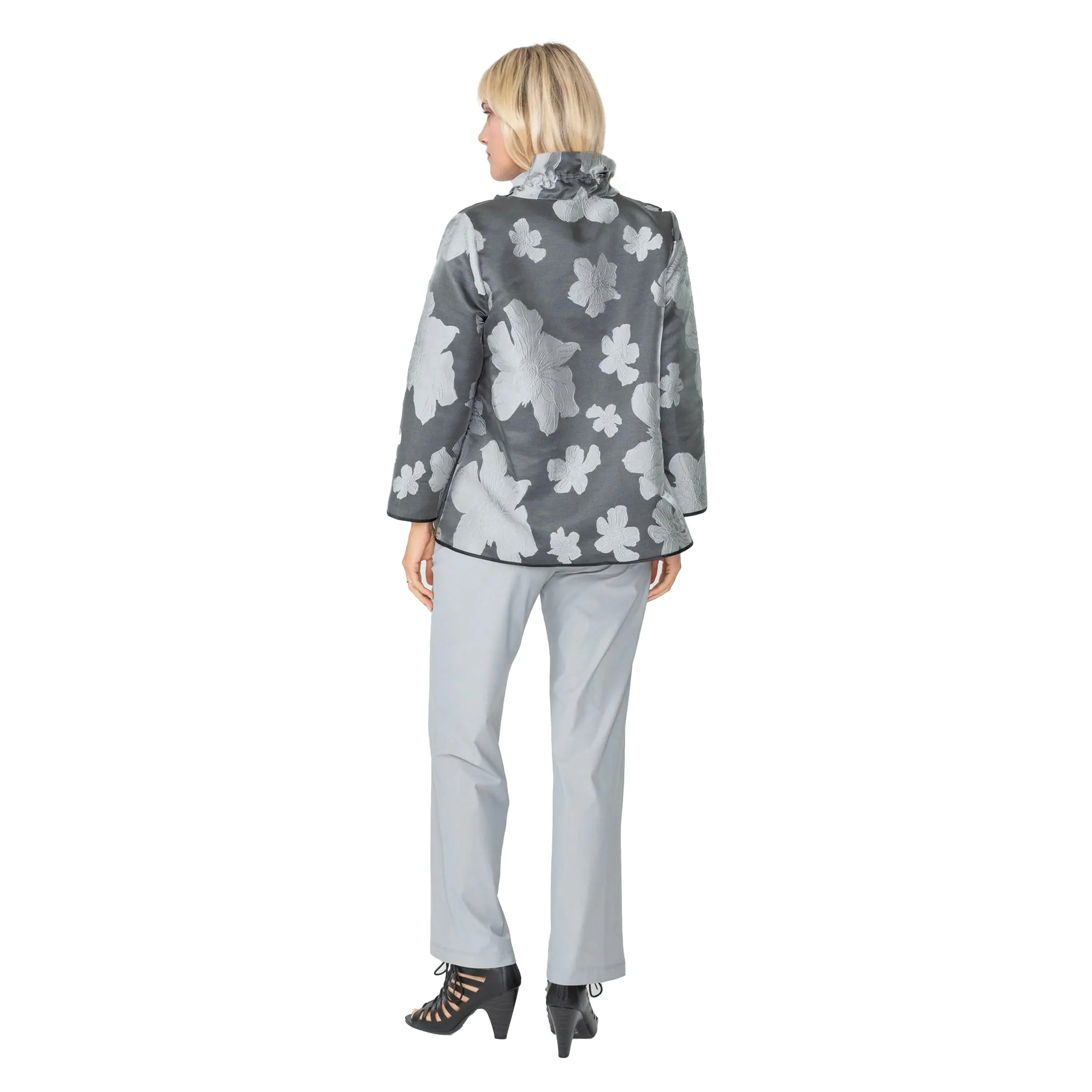 FALL' 24! IC Collection Blossom Jacquard Open Front Jacket in Charcoal - 4757J-CH