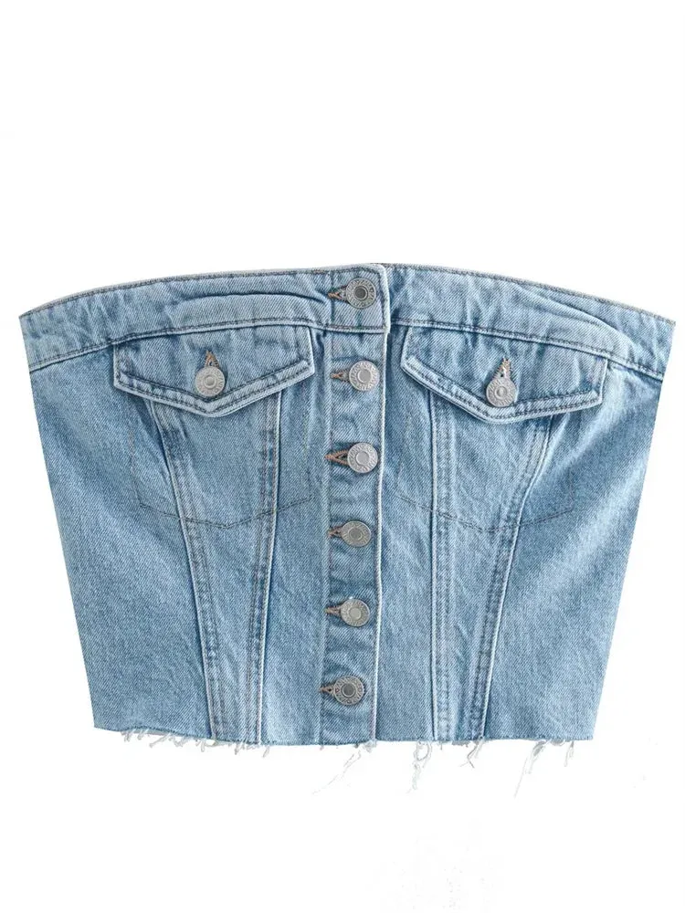 FashionSierra - 2024 Sexy Tube Sleeveless Buttons Up Bustiers Corsets Denim Off Shoulder Cropped Tank Mini Vest  Crop Tops