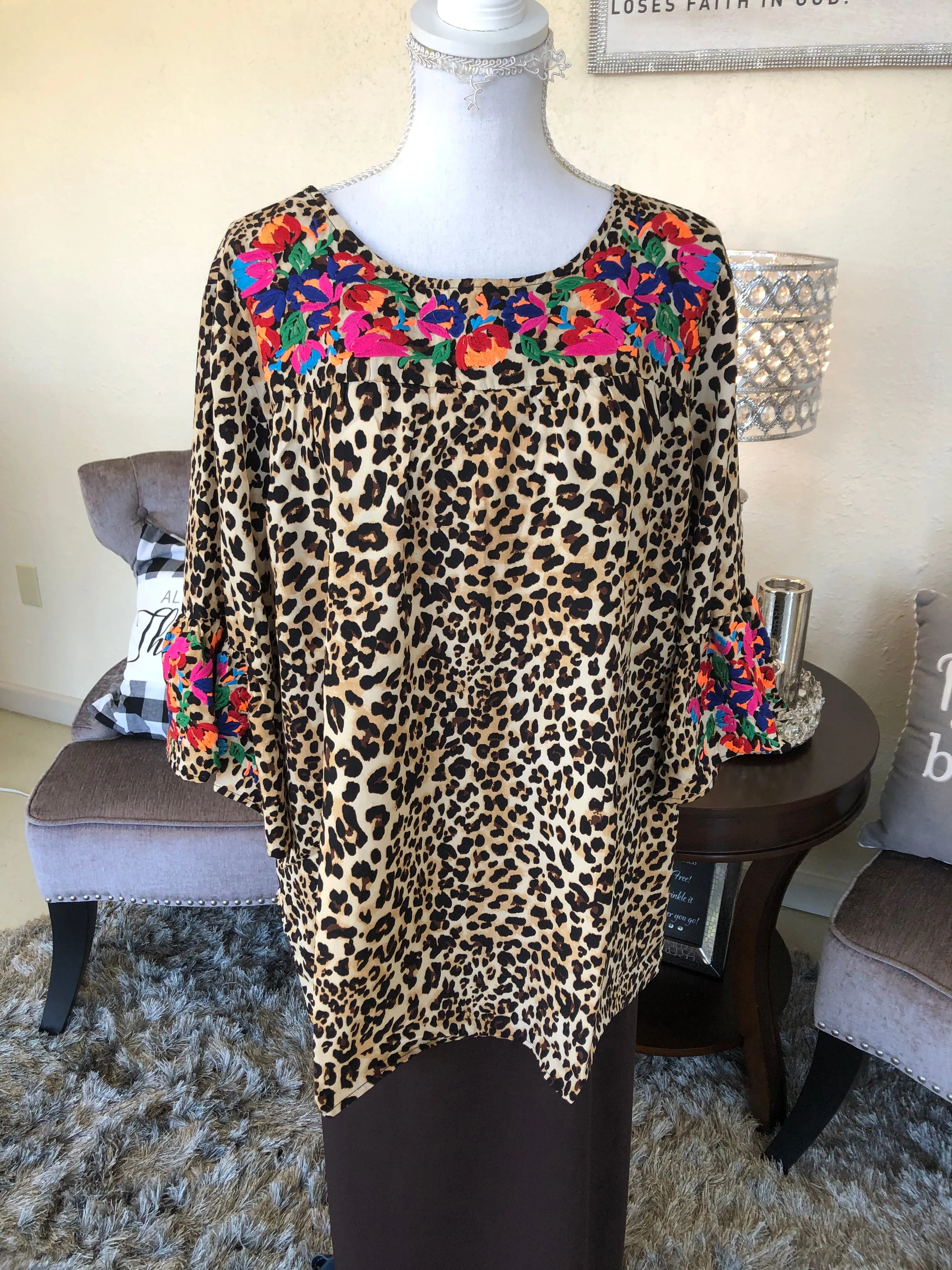 Floral Embroidery Animal Print Top