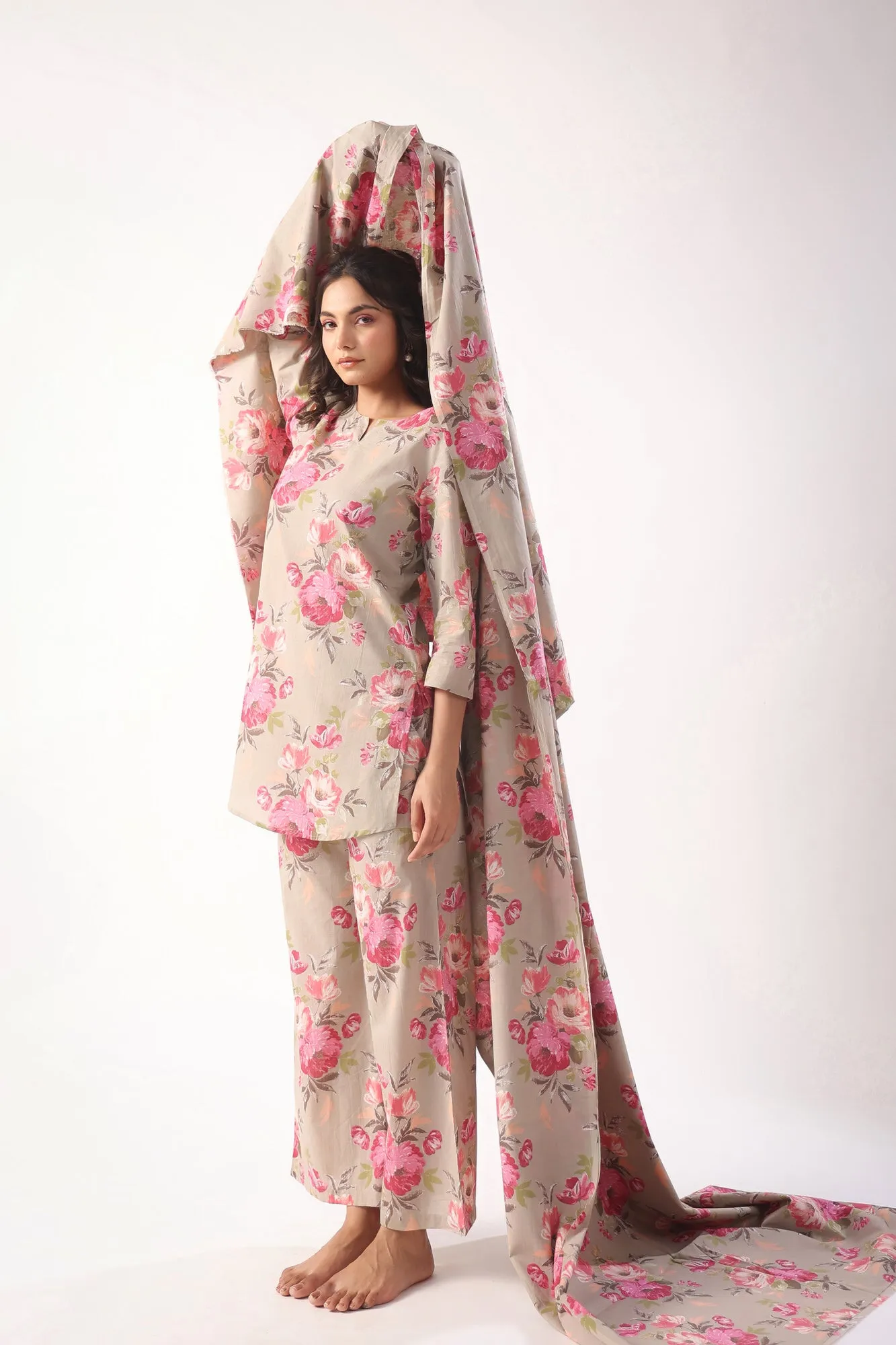 Floral Motifs On Grey Palazzo Loungewear Set