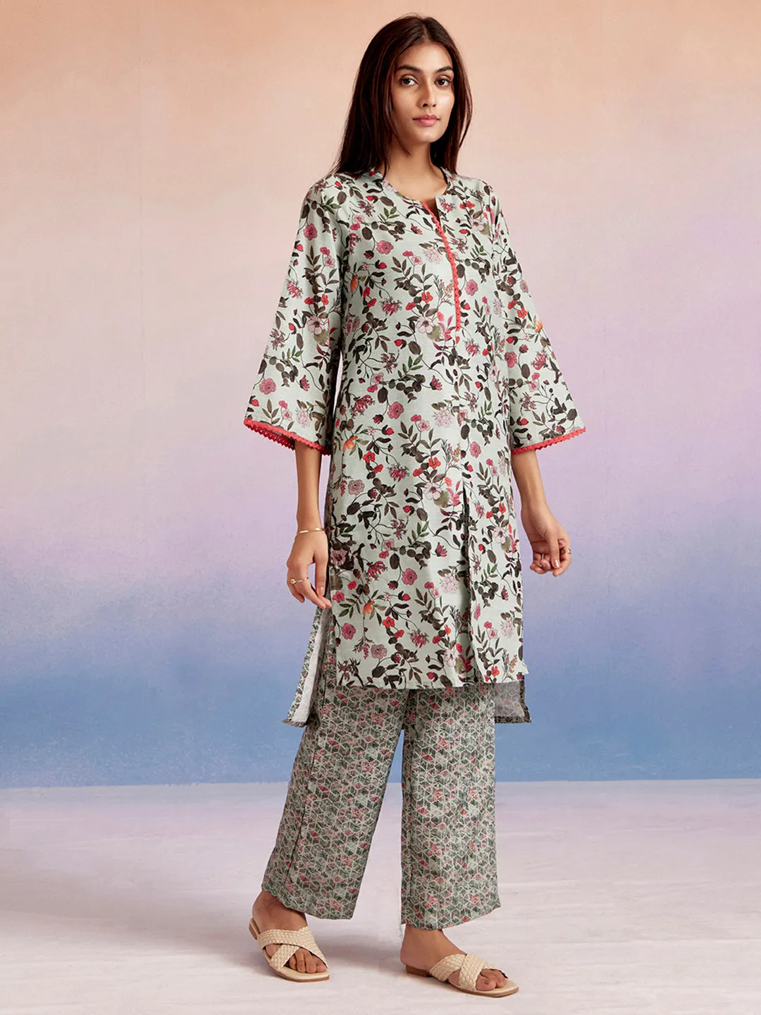 Floral Printed Straight Kurta With Palazzo Set