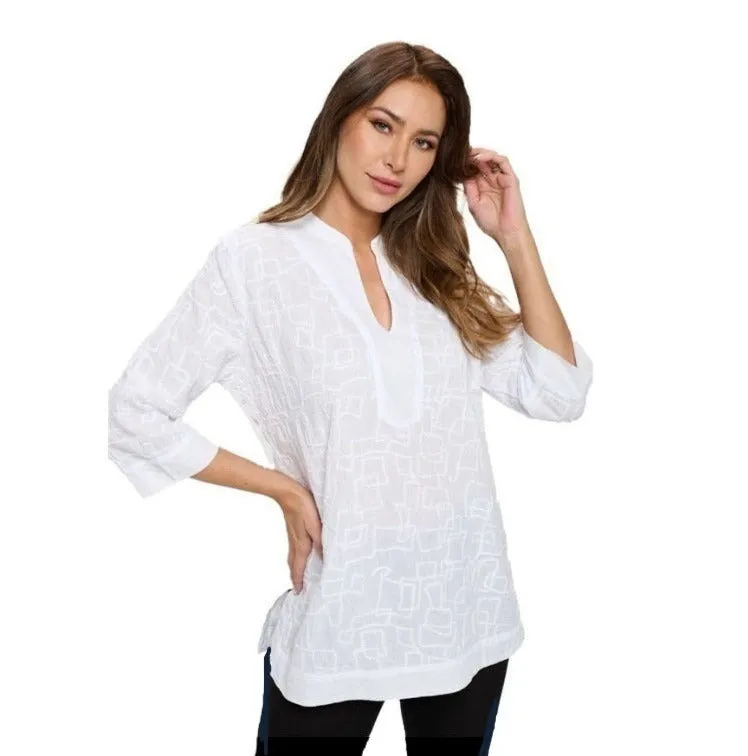 Focus Embroidered Tunic Top in White - EC-426-WT - Size S Only!