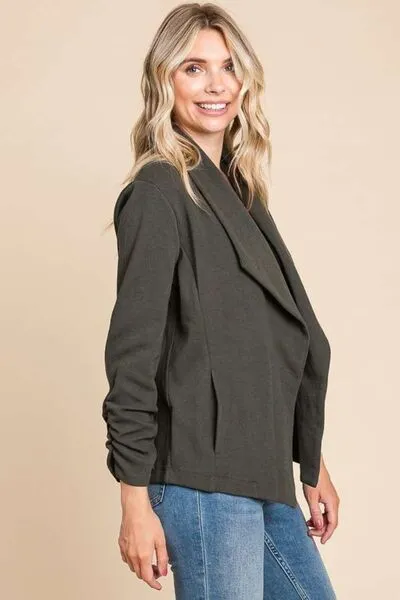 Full Size Ruched Open Front Long Sleeve Jacket