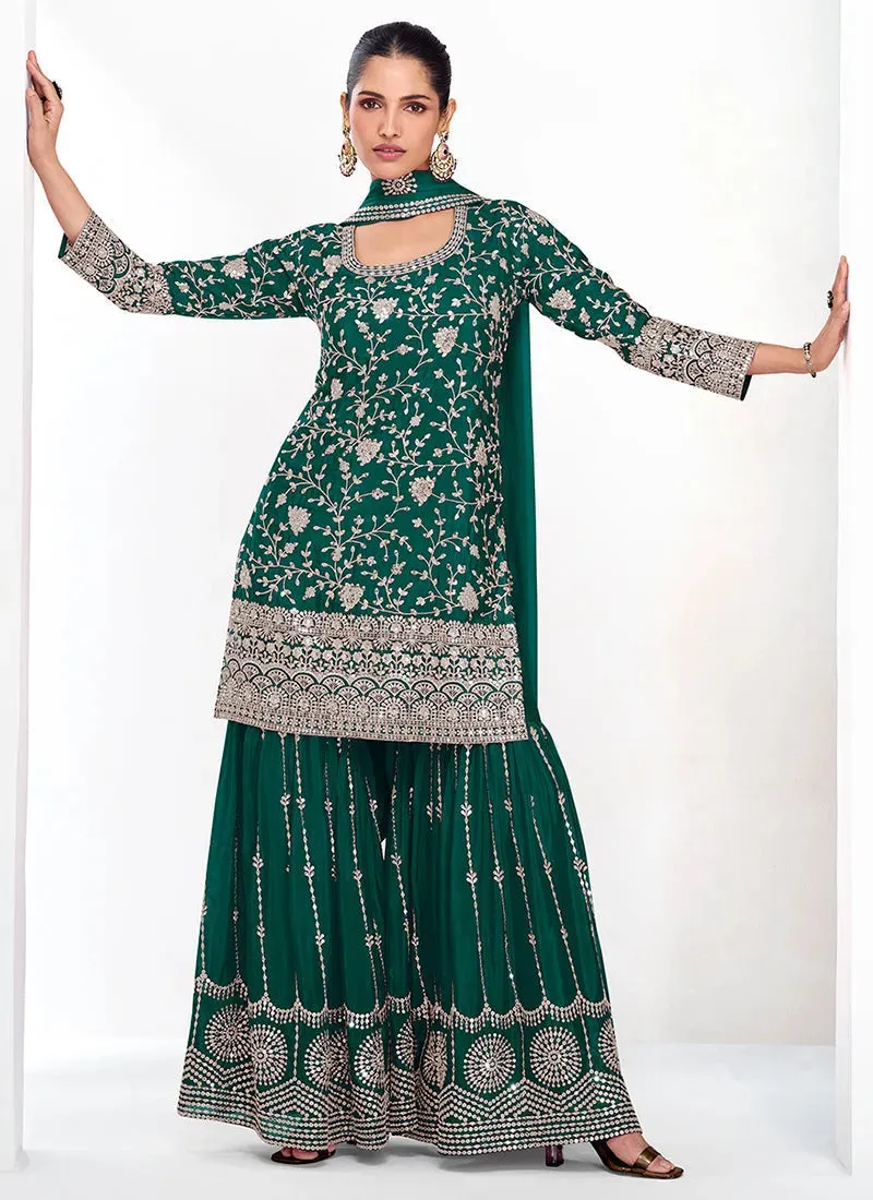 Gorgeous Green Traditional Embroidered Palazzo Suit