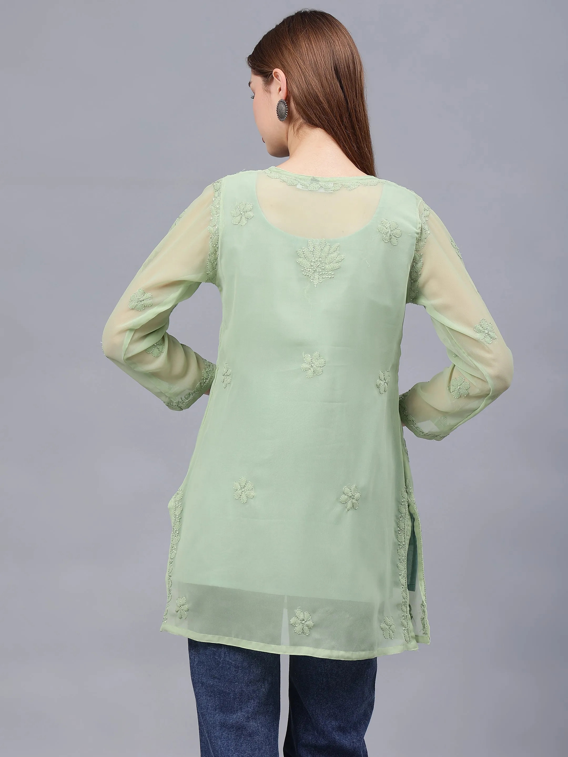 Green Georgette Embroidered Chikankari Tunic With Slip