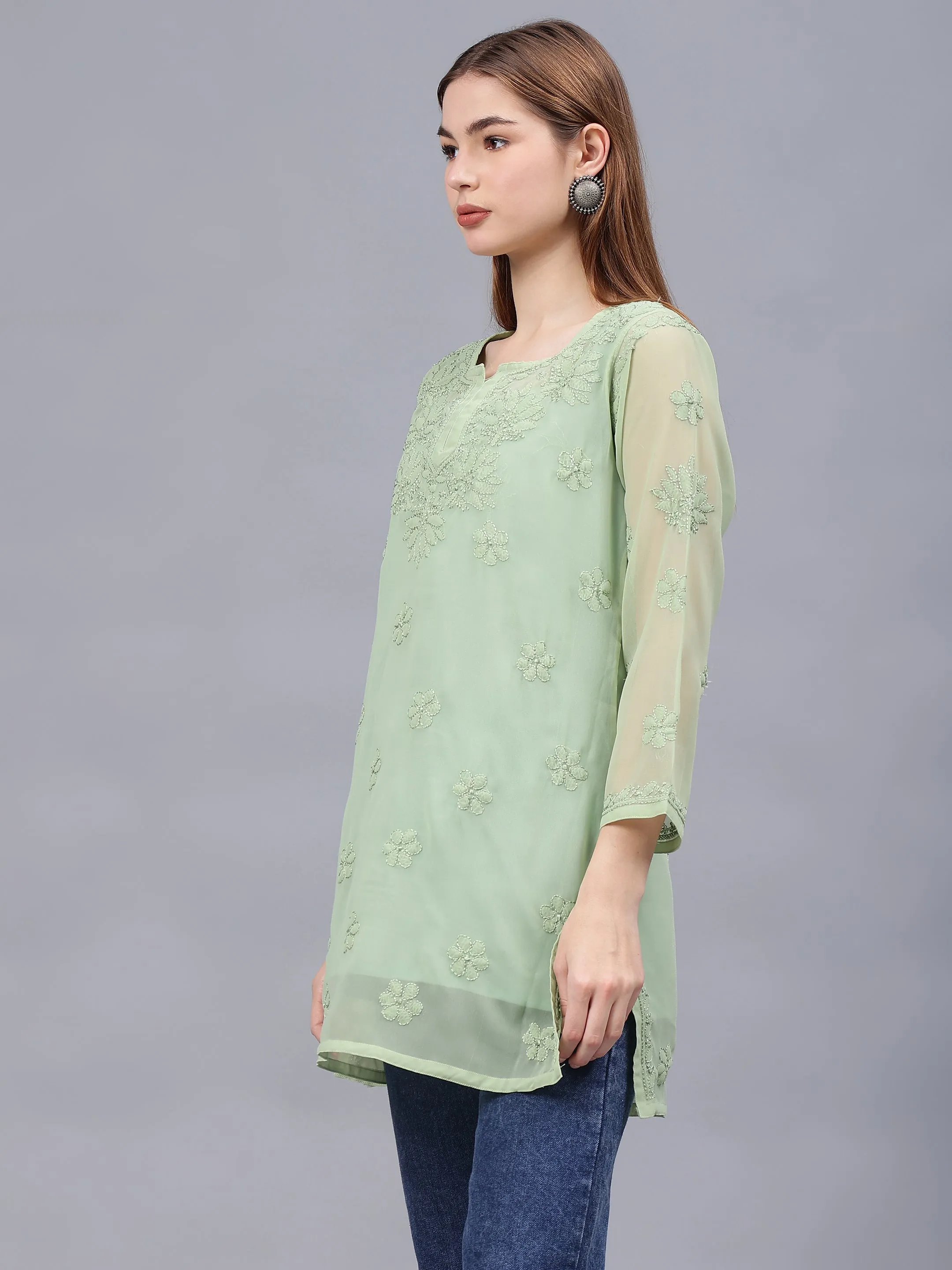 Green Georgette Embroidered Chikankari Tunic With Slip