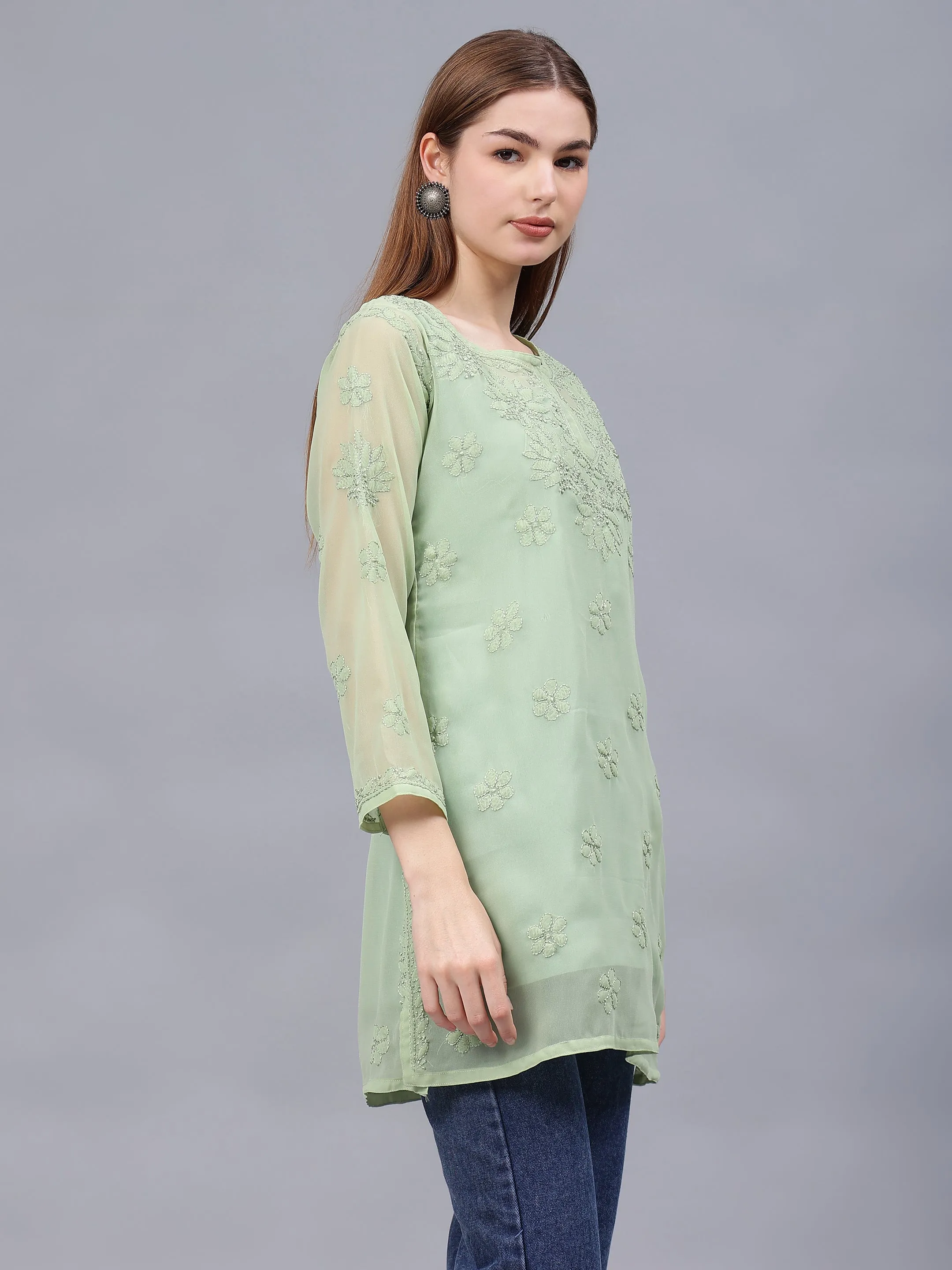 Green Georgette Embroidered Chikankari Tunic With Slip