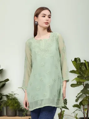 Green Georgette Embroidered Chikankari Tunic With Slip