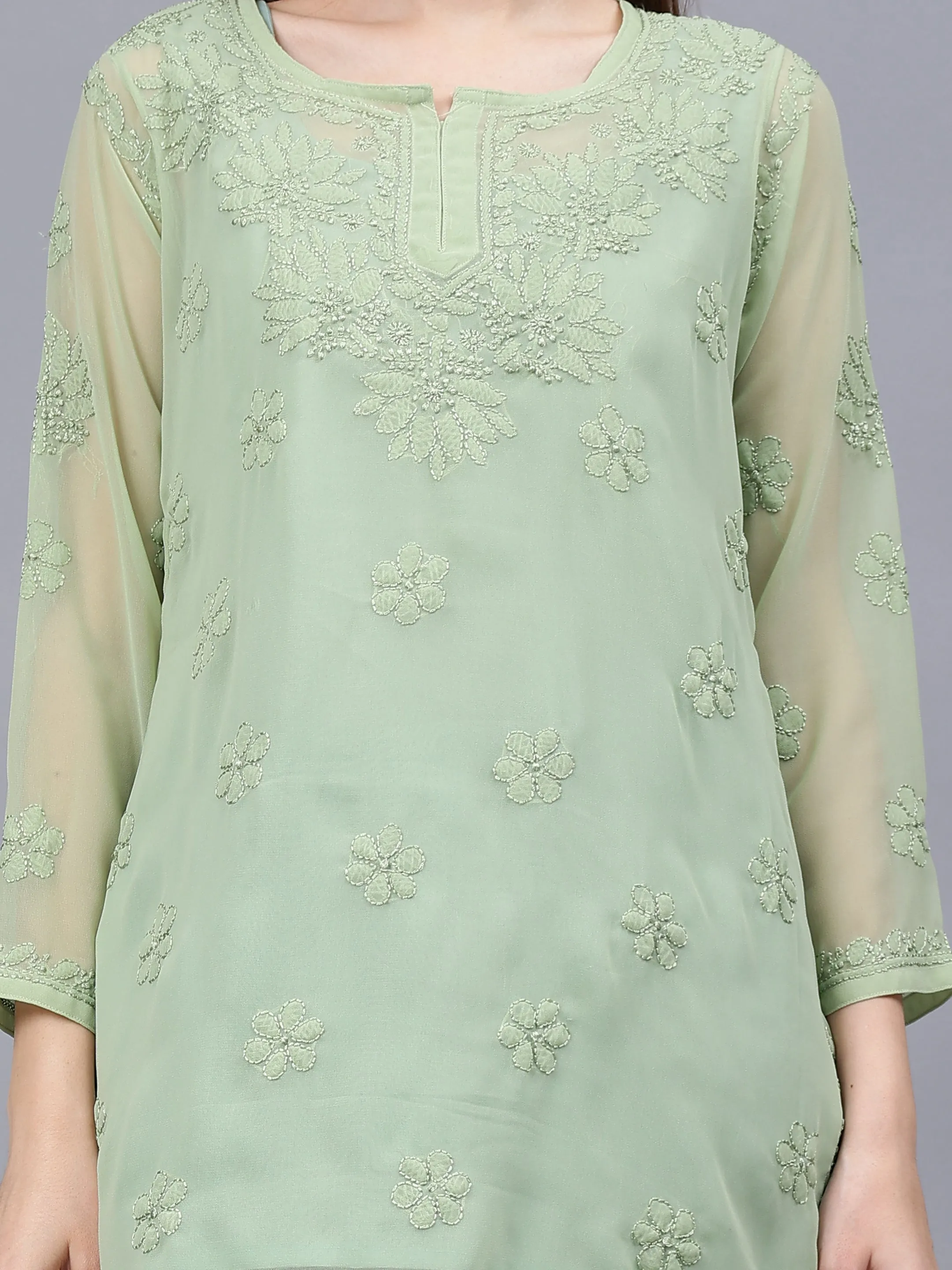 Green Georgette Embroidered Chikankari Tunic With Slip