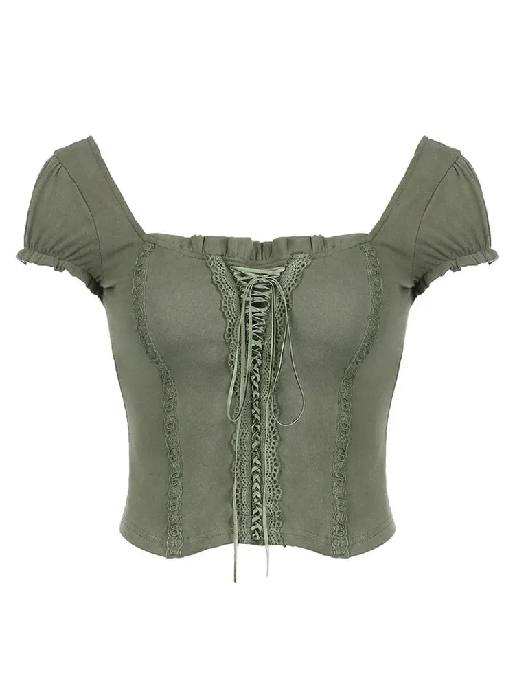 Green Lace Trim Collar Crop Top