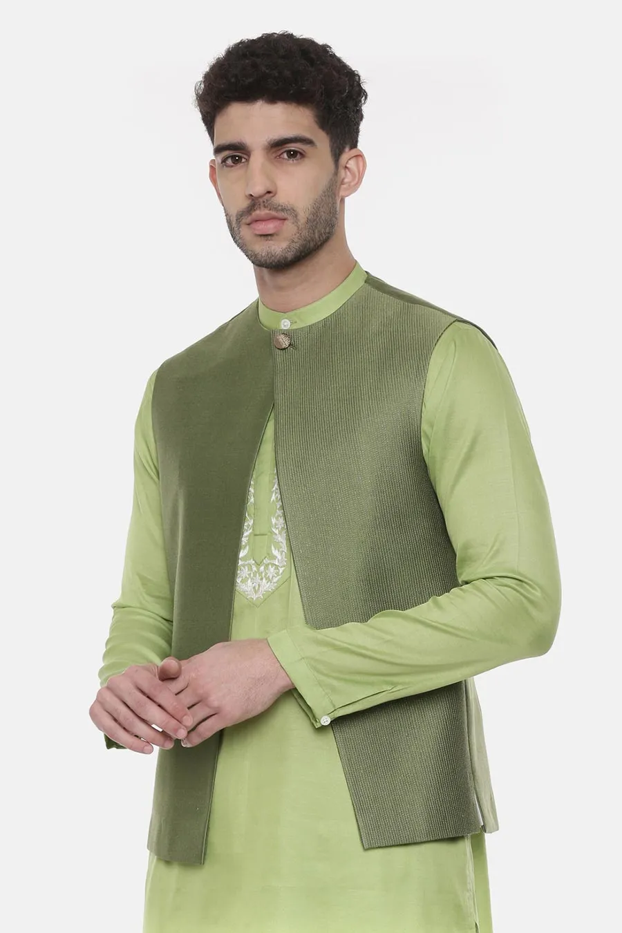 Green Panelled Front Open Jacket