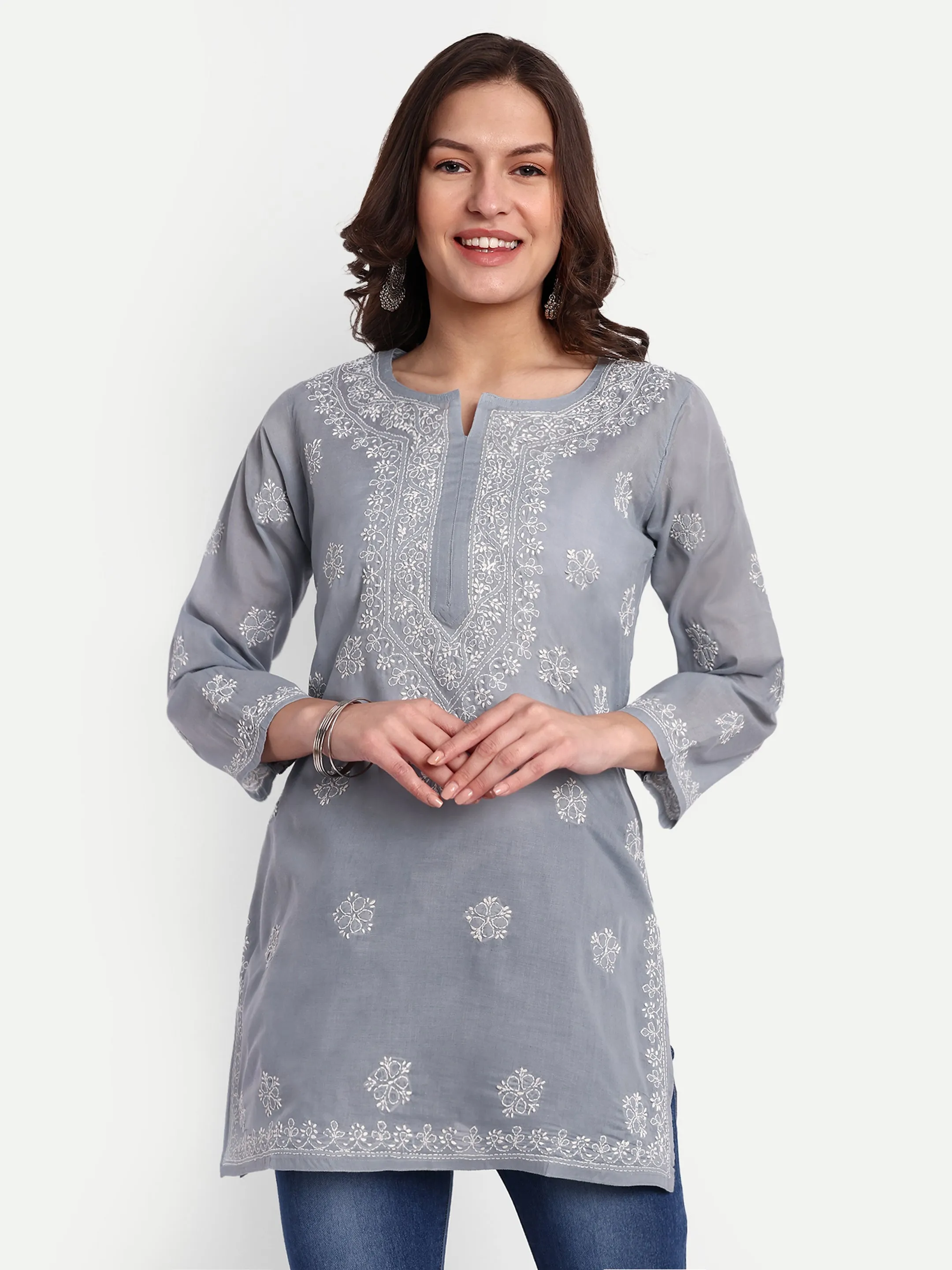 Grey & White Floral Bale Booti Chikankari Tunic Top