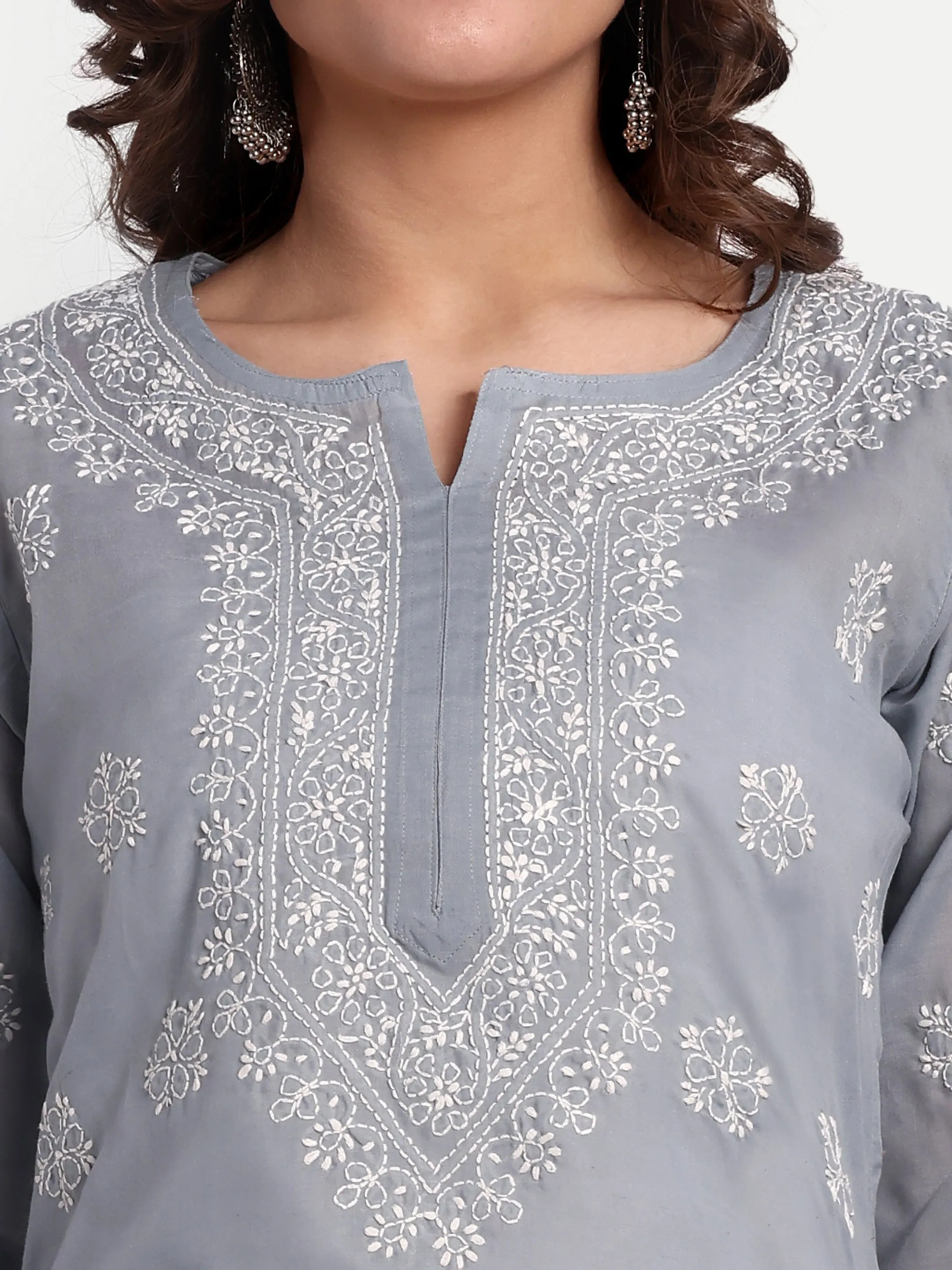 Grey & White Floral Bale Booti Chikankari Tunic Top