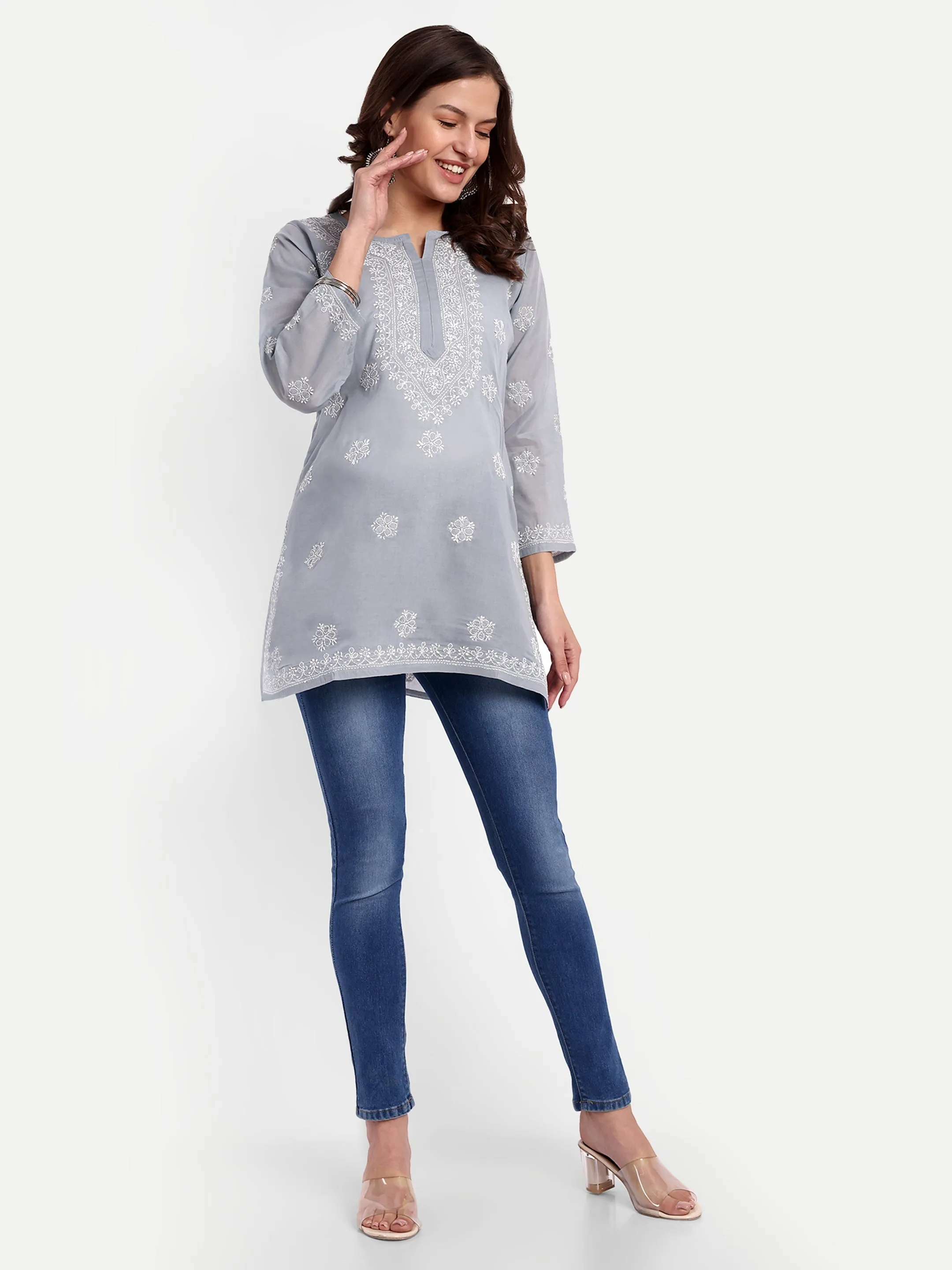 Grey & White Floral Bale Booti Chikankari Tunic Top