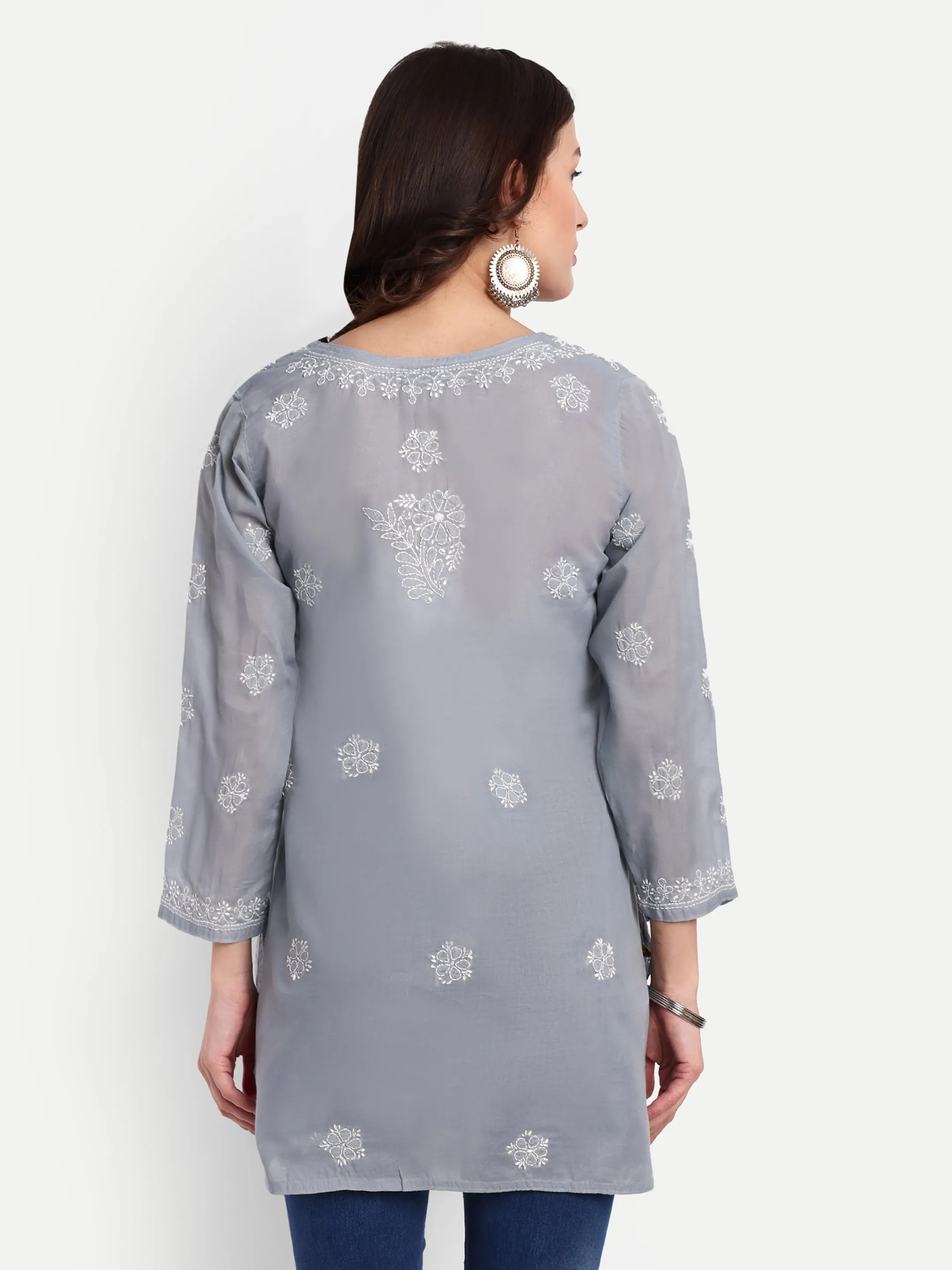 Grey & White Floral Bale Booti Chikankari Tunic Top