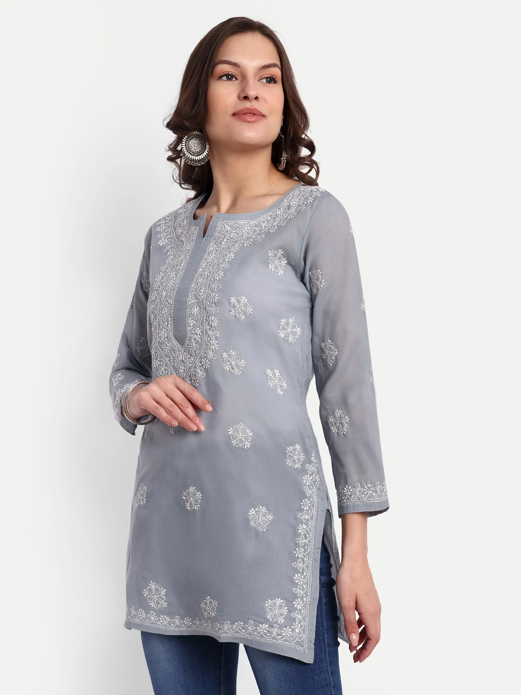 Grey & White Floral Bale Booti Chikankari Tunic Top