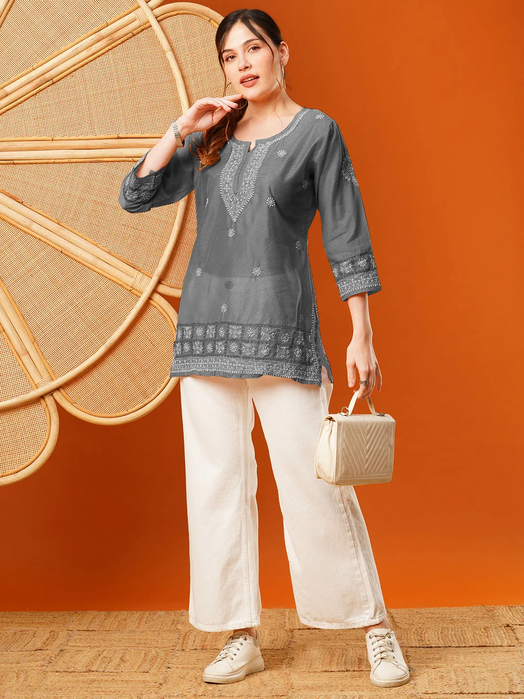 Grey Chanderi Ethnic Motifs Embroidered Tunic