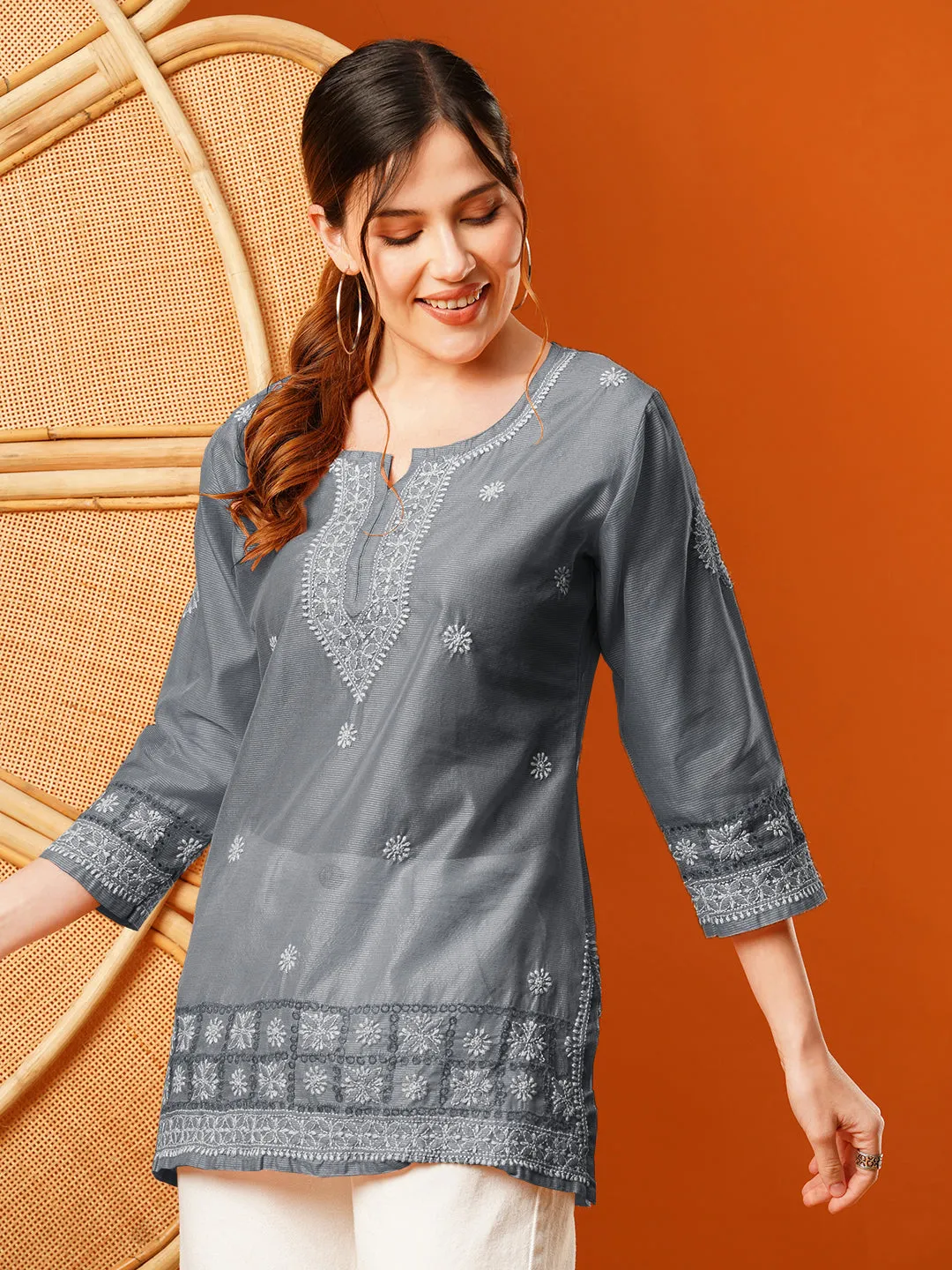 Grey Chanderi Ethnic Motifs Embroidered Tunic