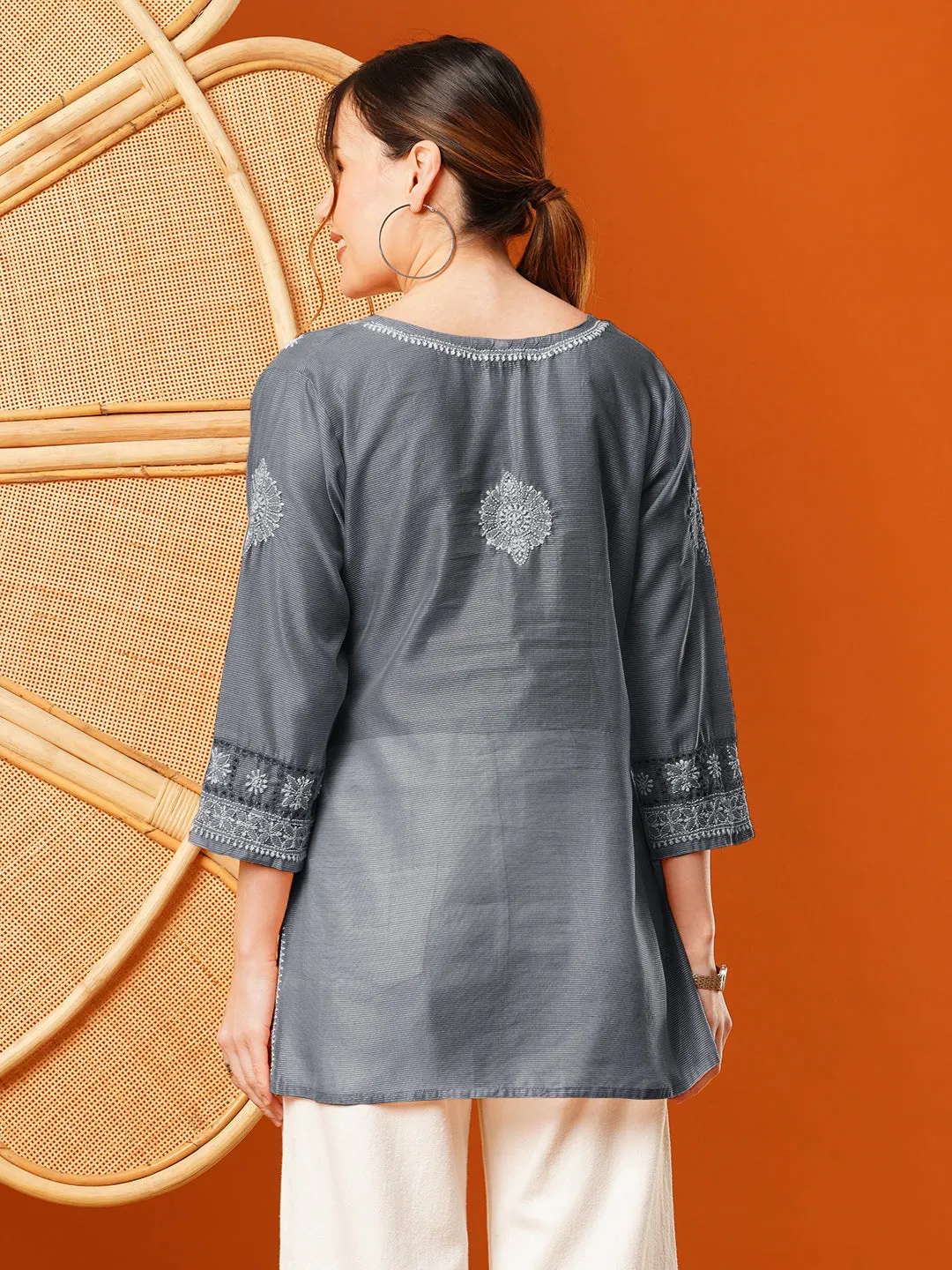 Grey Chanderi Ethnic Motifs Embroidered Tunic