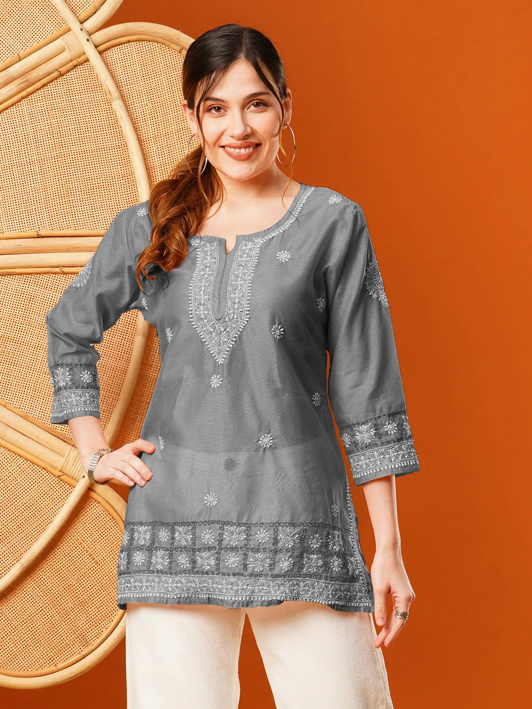 Grey Chanderi Ethnic Motifs Embroidered Tunic