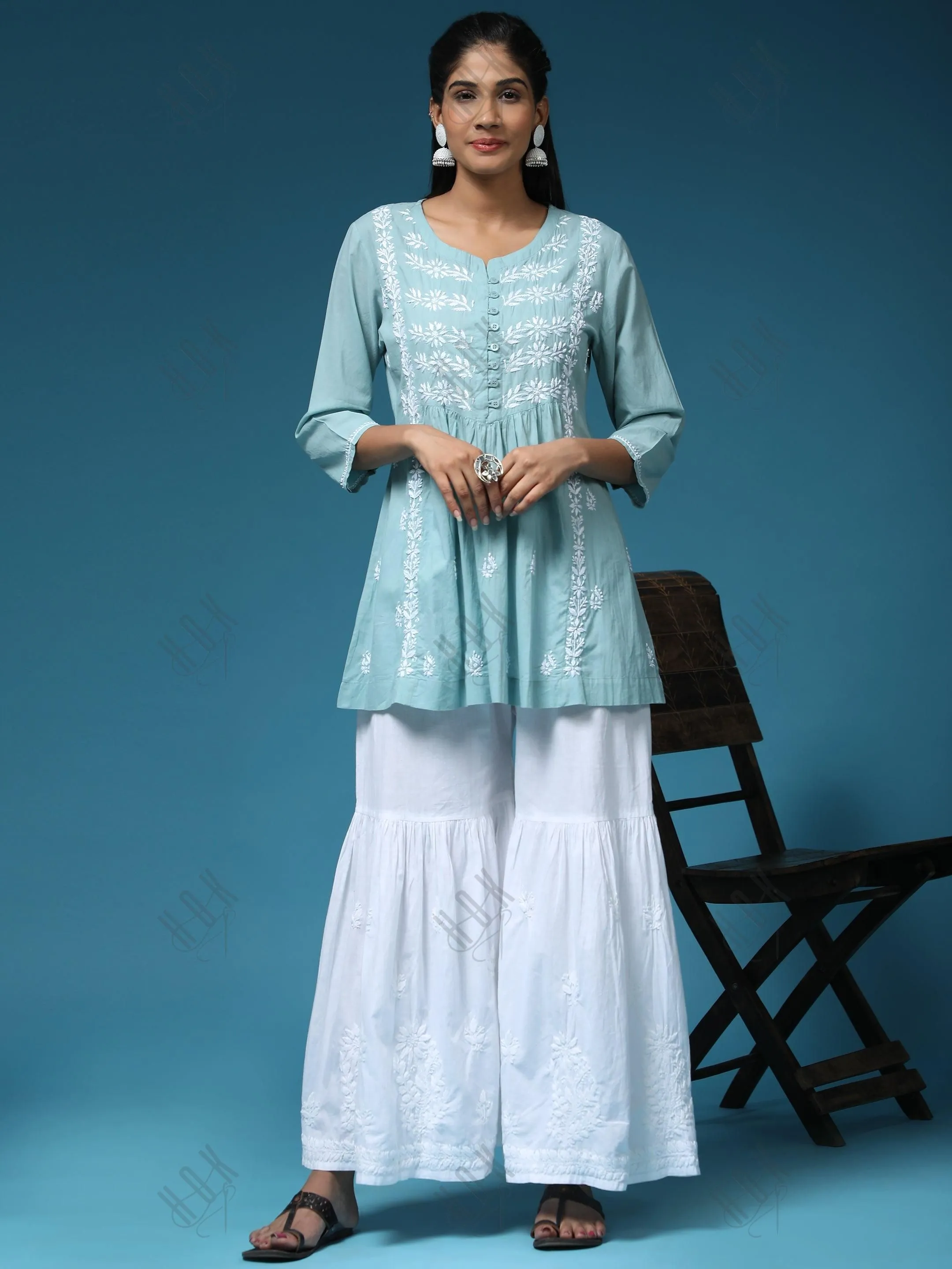 Hand Embroidery Chinakari Short Cotton Tunics- Light Blue