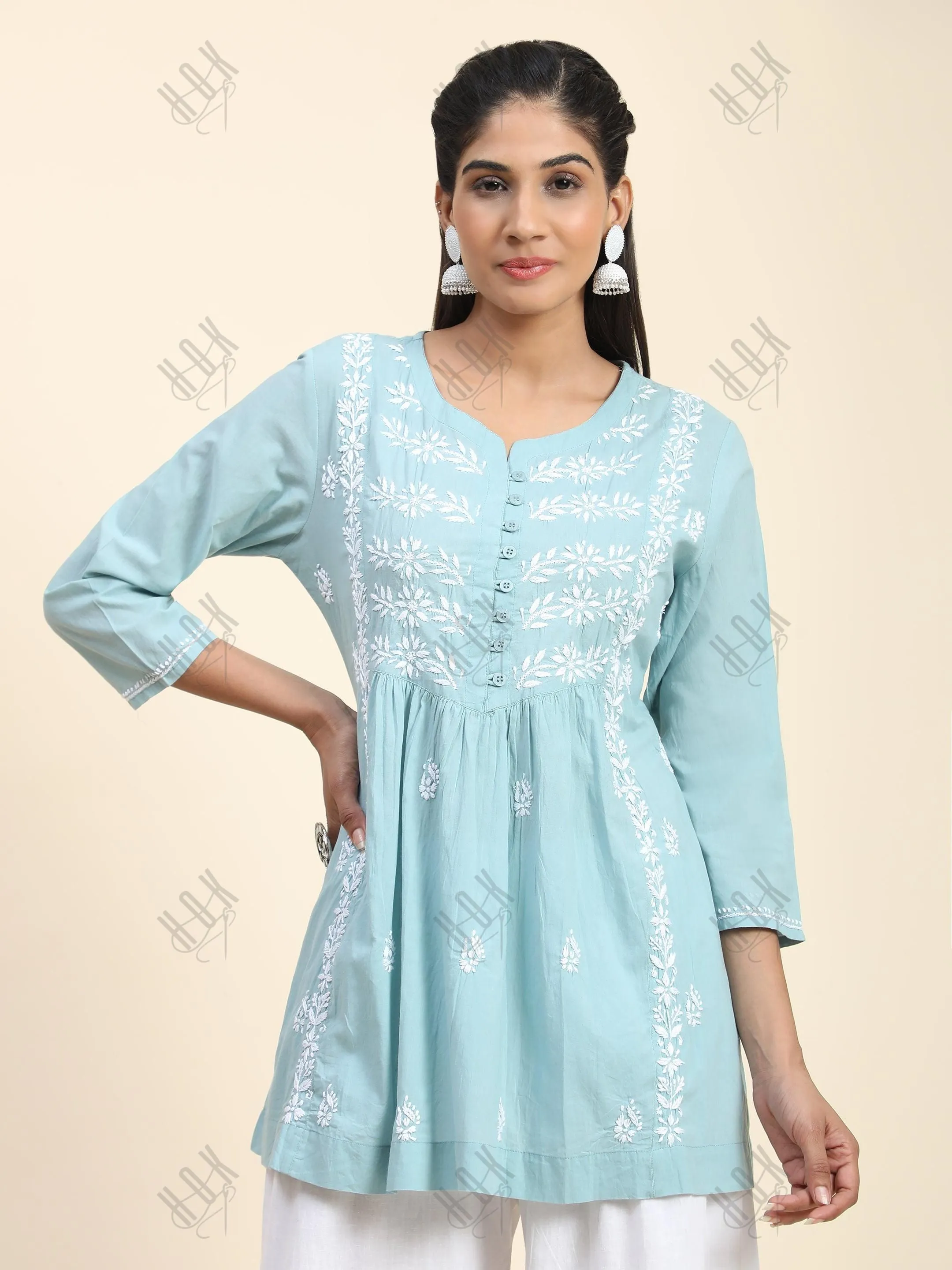 Hand Embroidery Chinakari Short Cotton Tunics- Light Blue