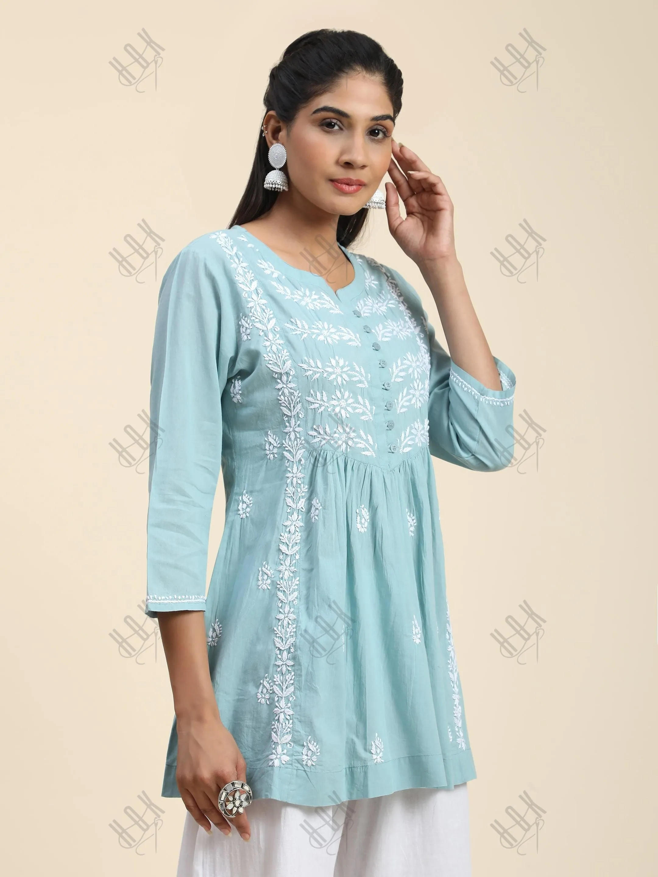 Hand Embroidery Chinakari Short Cotton Tunics- Light Blue