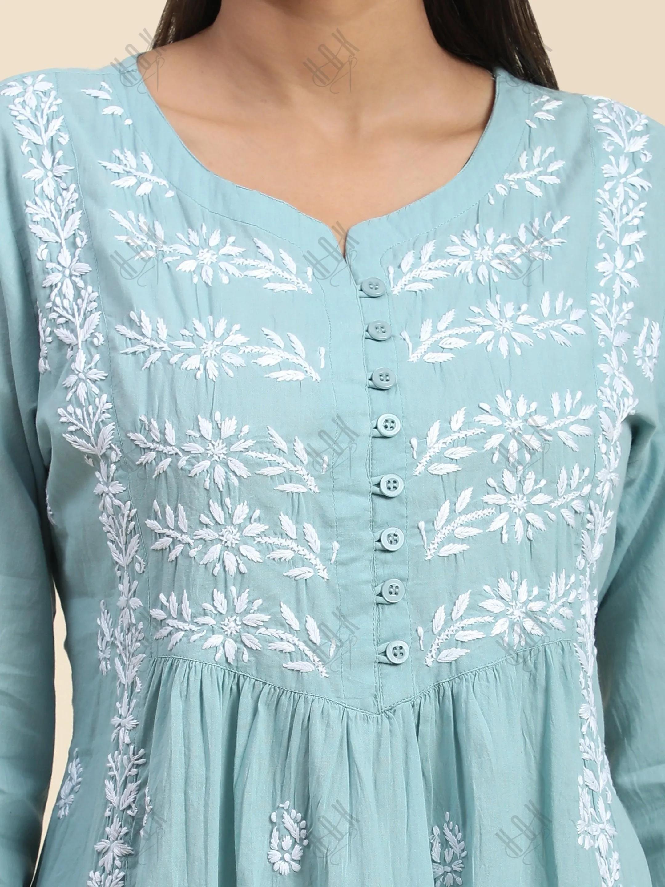 Hand Embroidery Chinakari Short Cotton Tunics- Light Blue