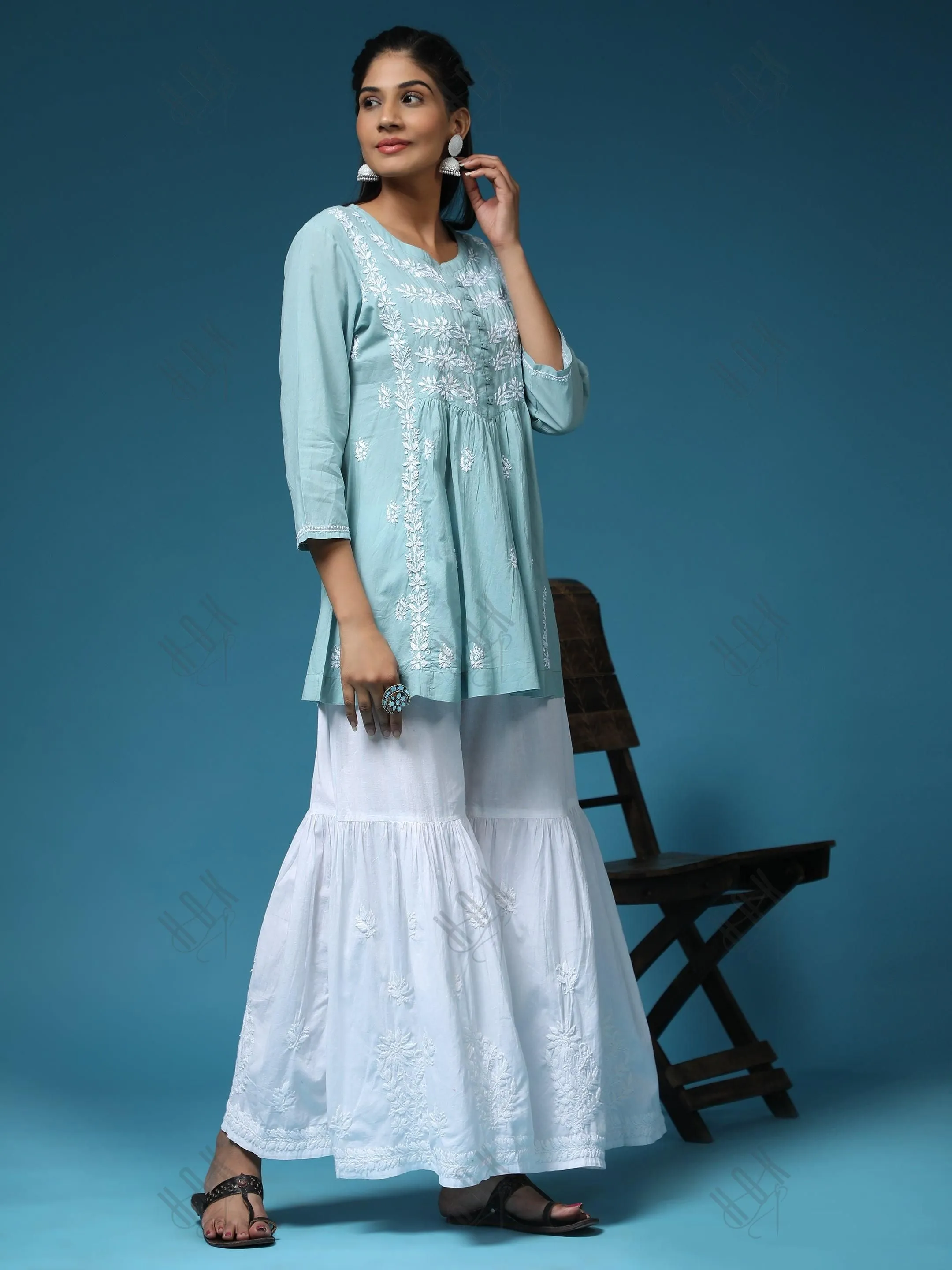 Hand Embroidery Chinakari Short Cotton Tunics- Light Blue