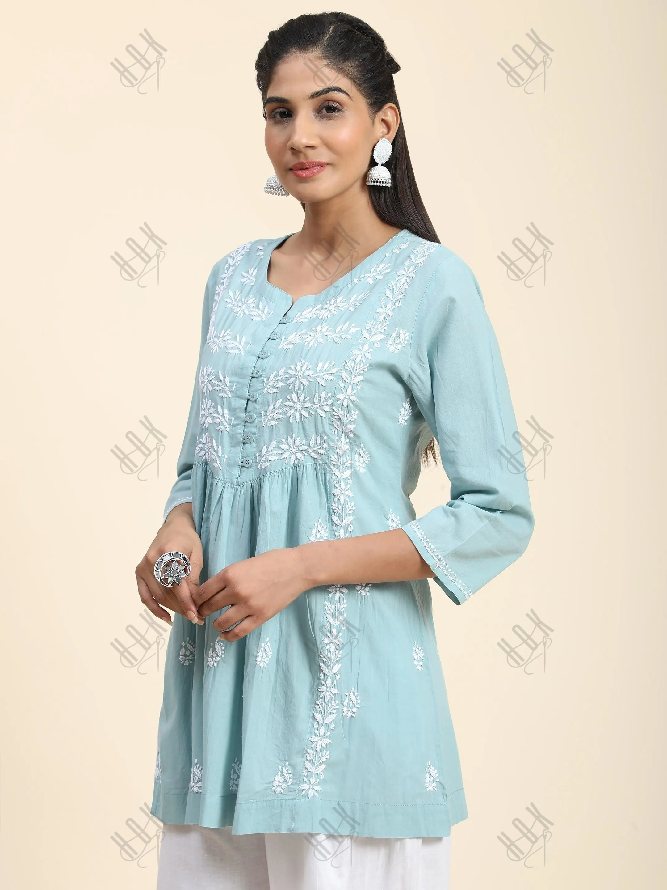 Hand Embroidery Chinakari Short Cotton Tunics- Light Blue