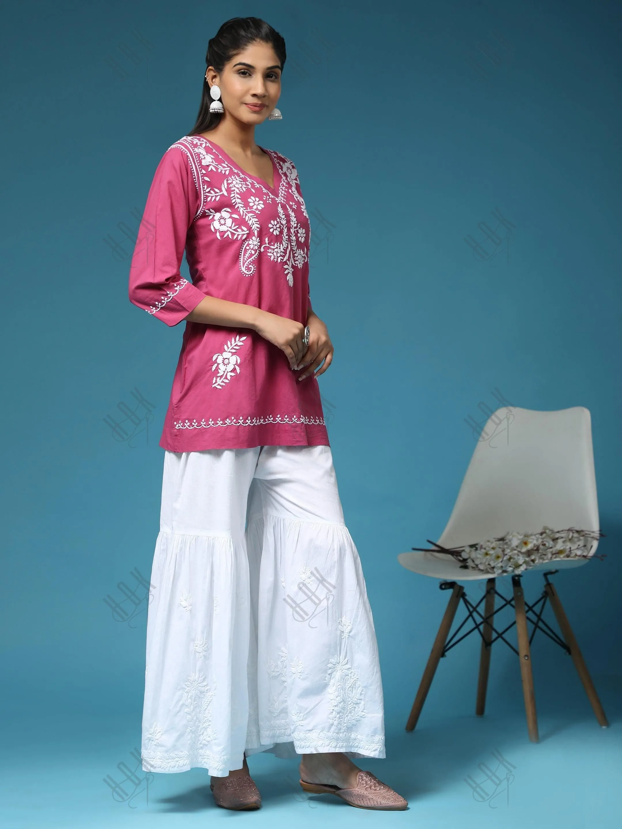 Hand Embroidery Chinakari Short Cotton Tunics- Pink