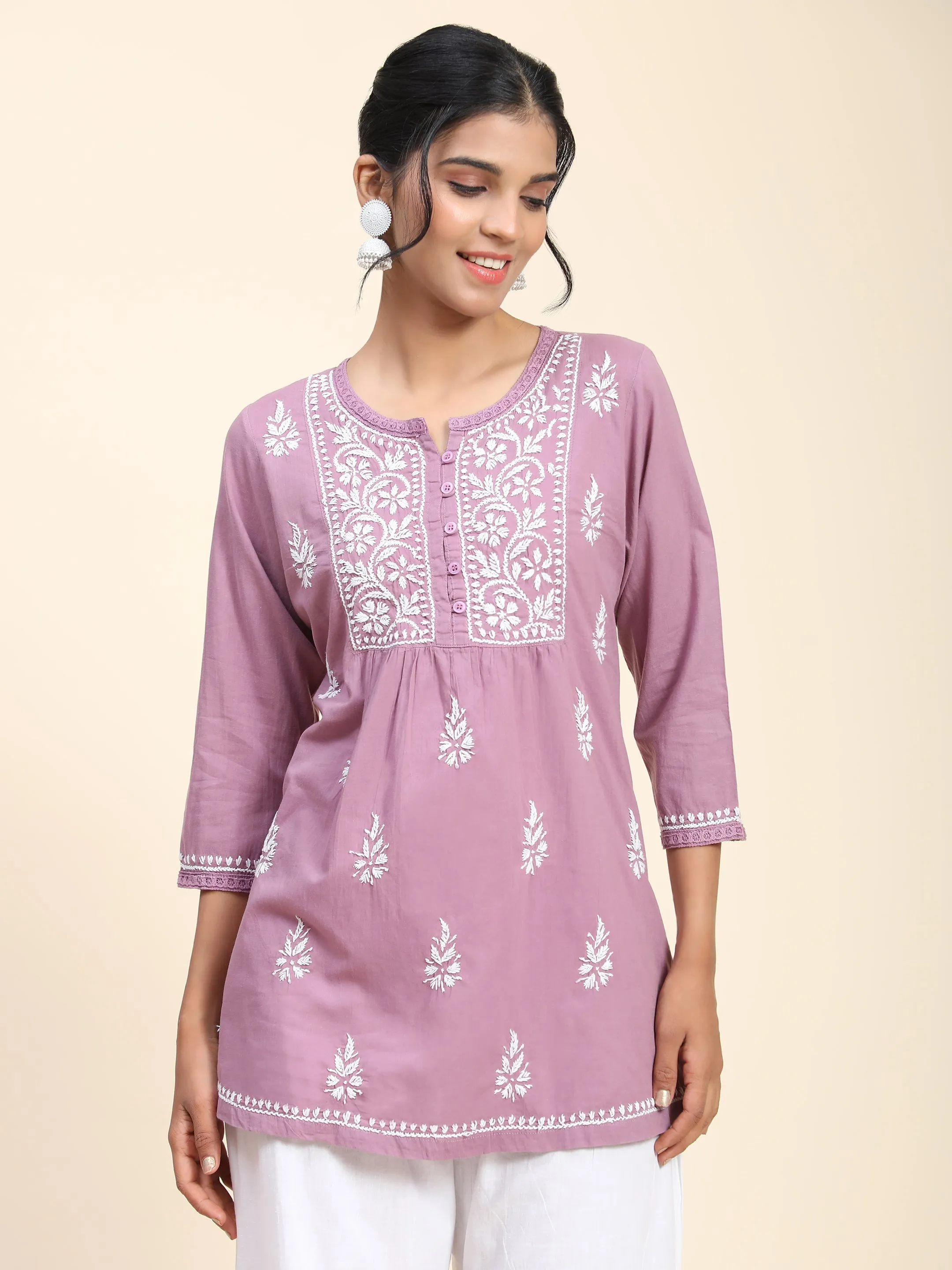 Hand Embroidery Chinakari Short Cotton Tunics- Purple