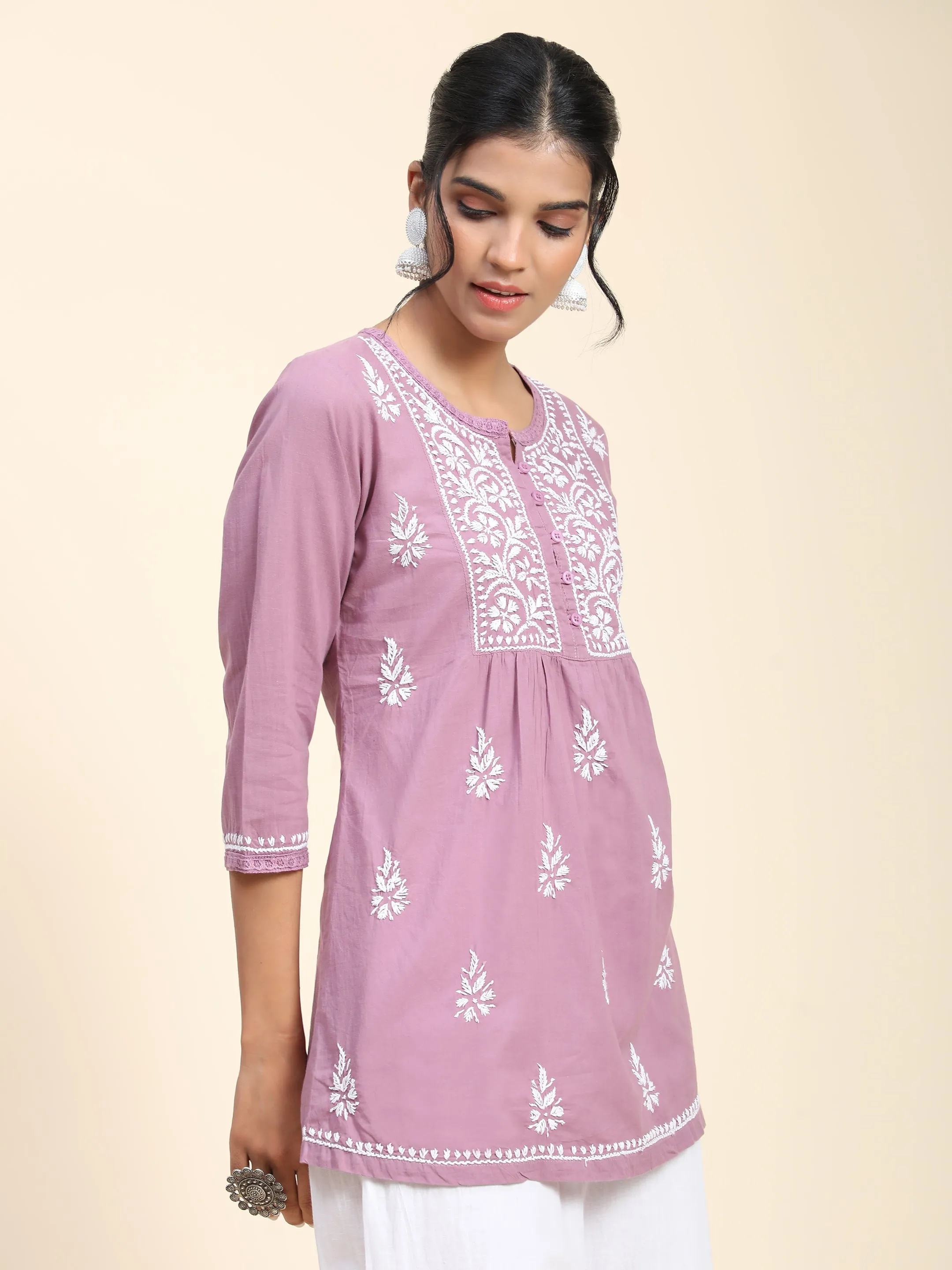 Hand Embroidery Chinakari Short Cotton Tunics- Purple