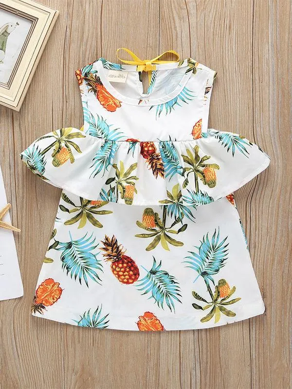 High Summer Ruffled Pineapple Print Off Shoulder Shift Dress