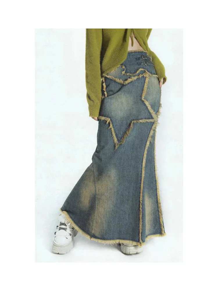 Hnzxzm Star Patchwork Women's Denim Skirt High Street Fashion Retro Style Distressed Party Club Casual Spring Autumn Summer Long Dress