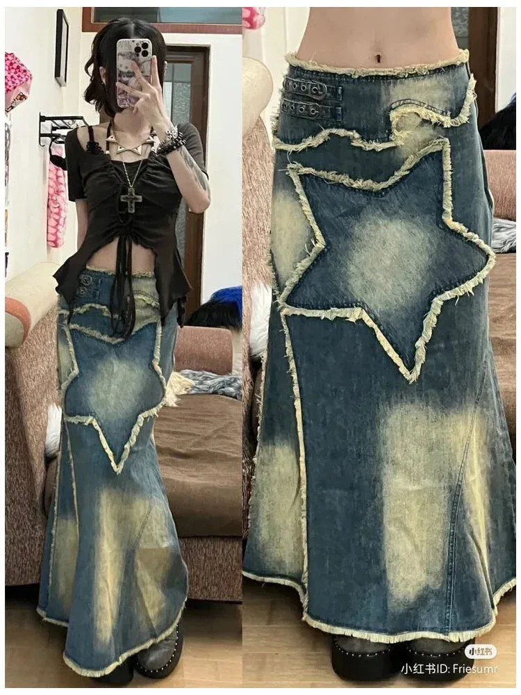 Hnzxzm Star Patchwork Women's Denim Skirt High Street Fashion Retro Style Distressed Party Club Casual Spring Autumn Summer Long Dress