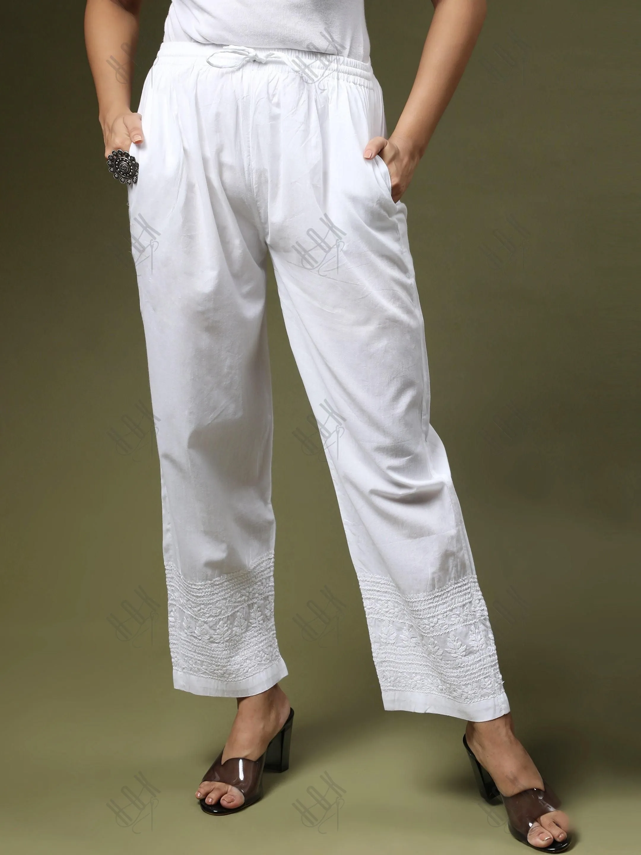 HOK Chikankari Cotton White Pant Trouser