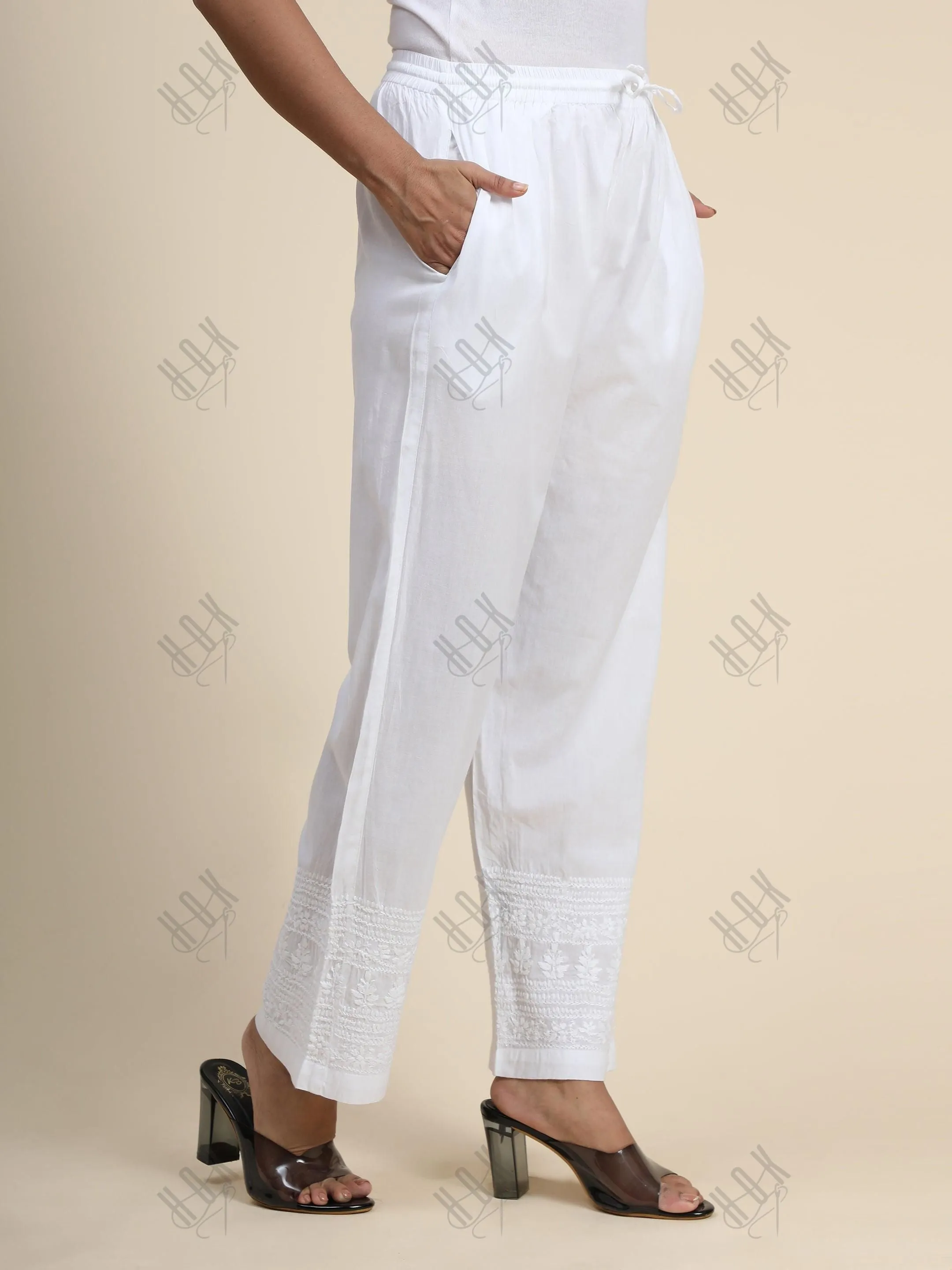 HOK Chikankari Cotton White Pant Trouser