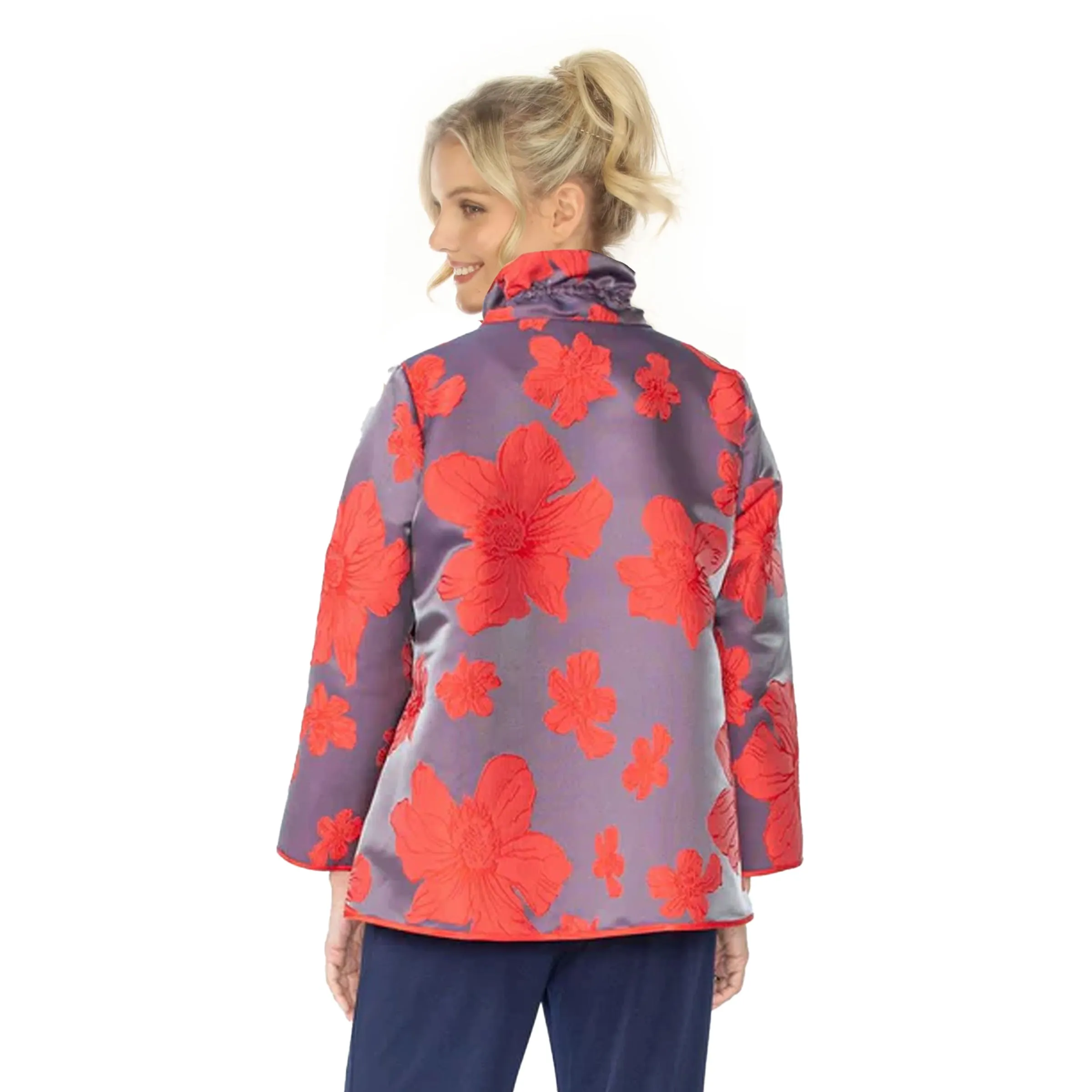 IC Collection Blossom Jacquard Open Front Jacket In Red - 4757J-RD