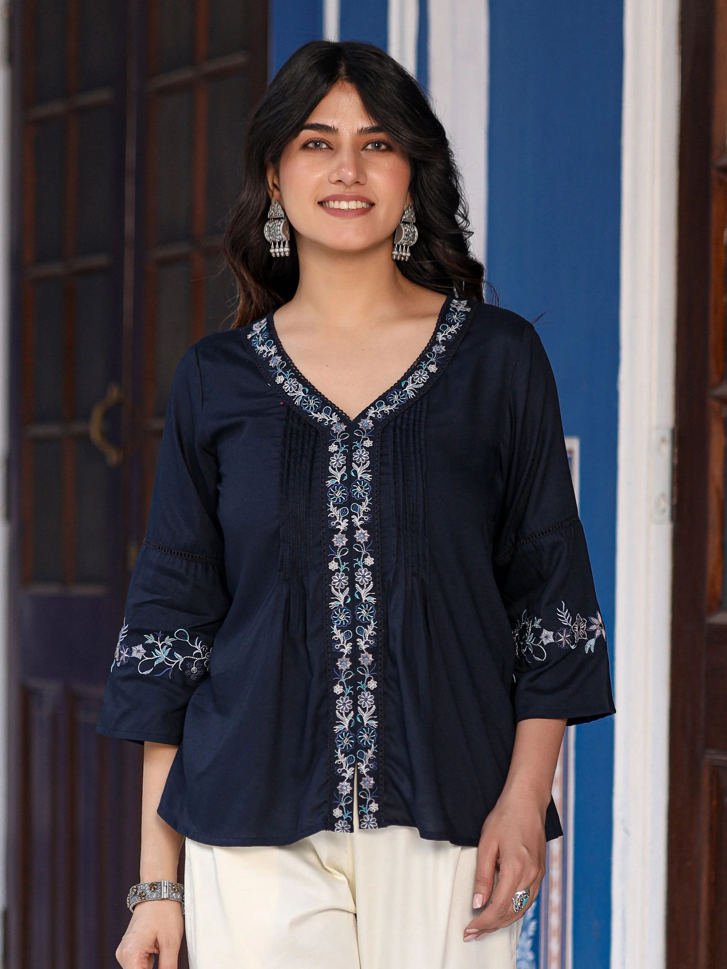 Jashvi Navy Blue Modal Rayon Floral Embroidered Tunic With Pintucks At Front