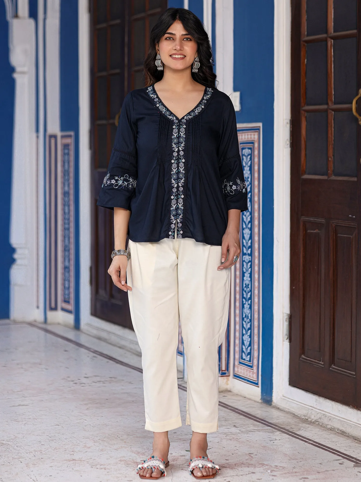 Jashvi Navy Blue Modal Rayon Floral Embroidered Tunic With Pintucks At Front