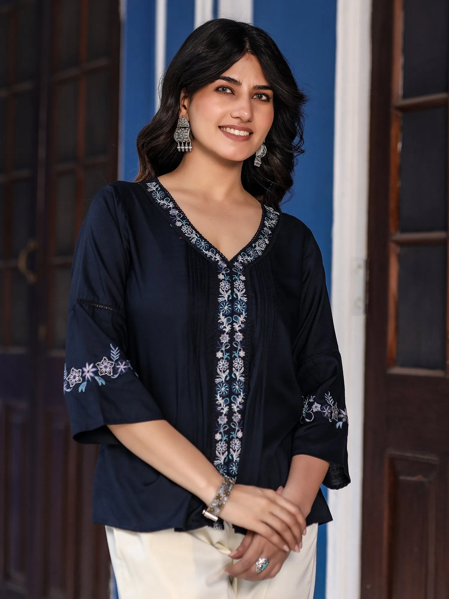 Jashvi Navy Blue Modal Rayon Floral Embroidered Tunic With Pintucks At Front