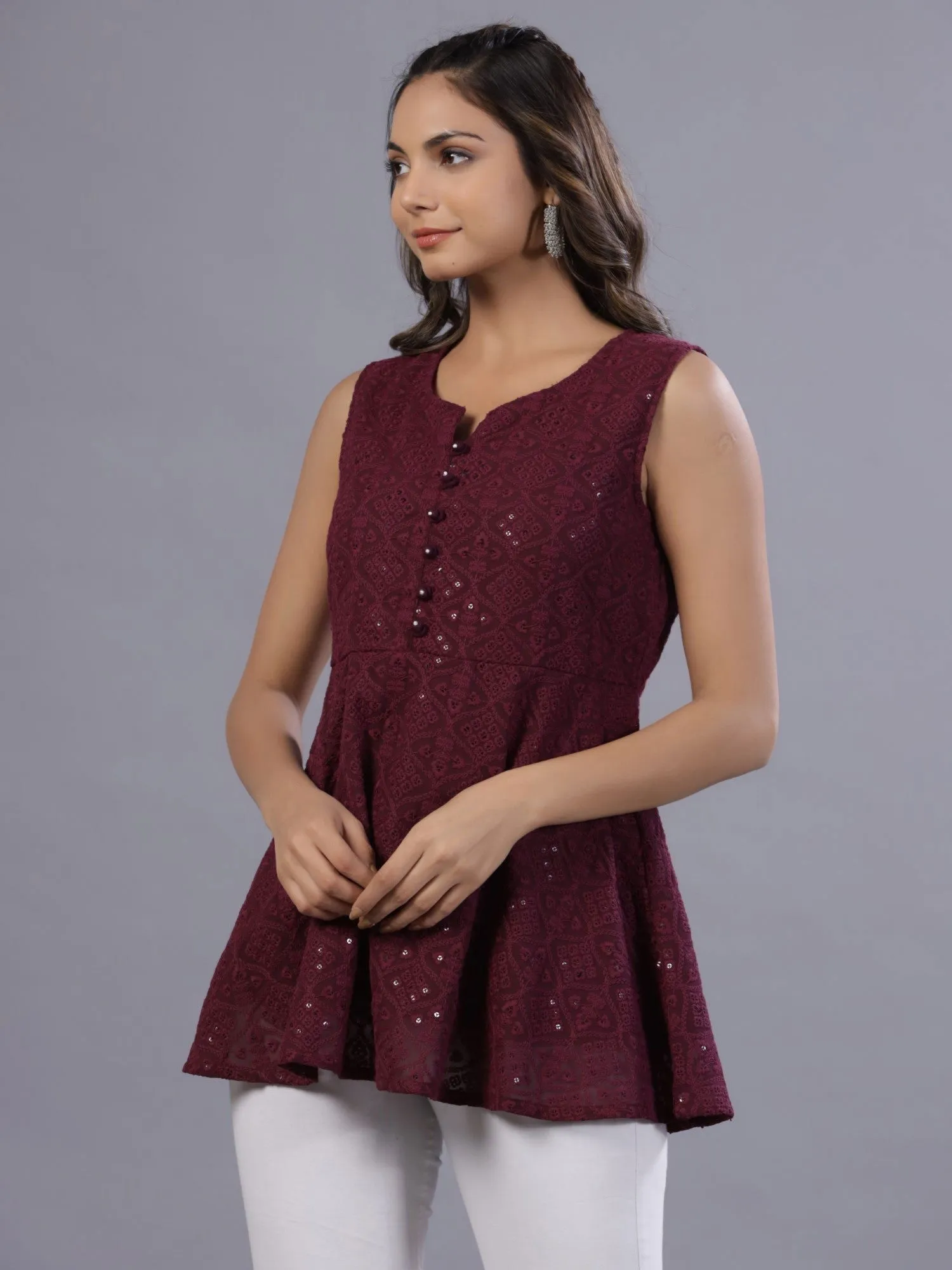 Jashvi  Wine Geometric Printed Georgette Embroidered Peplum Tunic With Thread Work