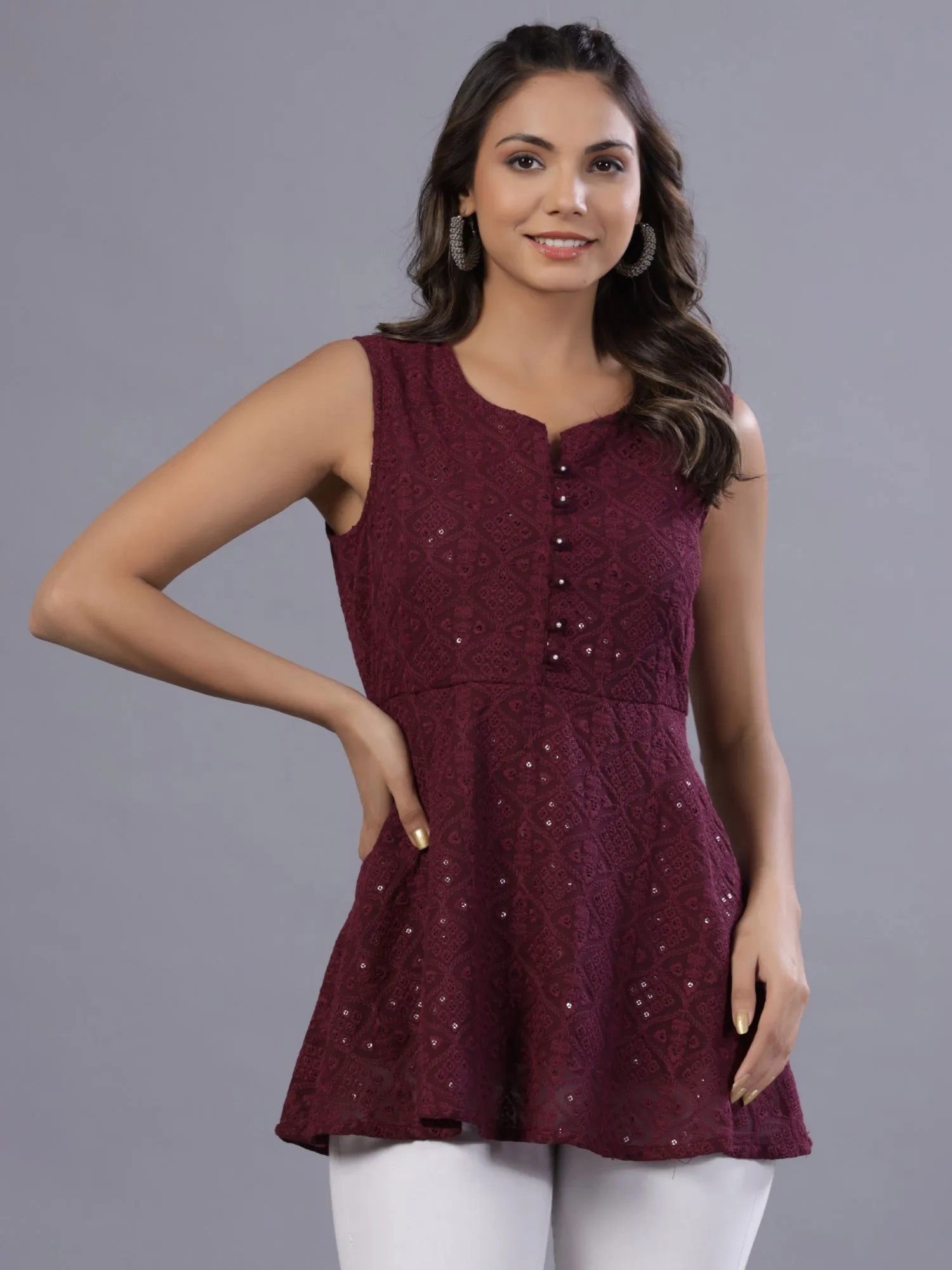 Jashvi  Wine Geometric Printed Georgette Embroidered Peplum Tunic With Thread Work