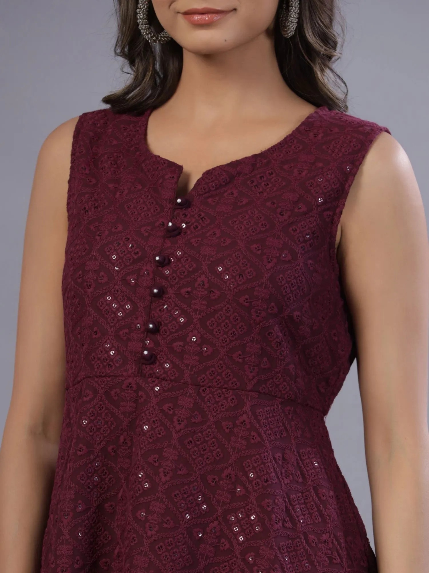 Jashvi  Wine Geometric Printed Georgette Embroidered Peplum Tunic With Thread Work